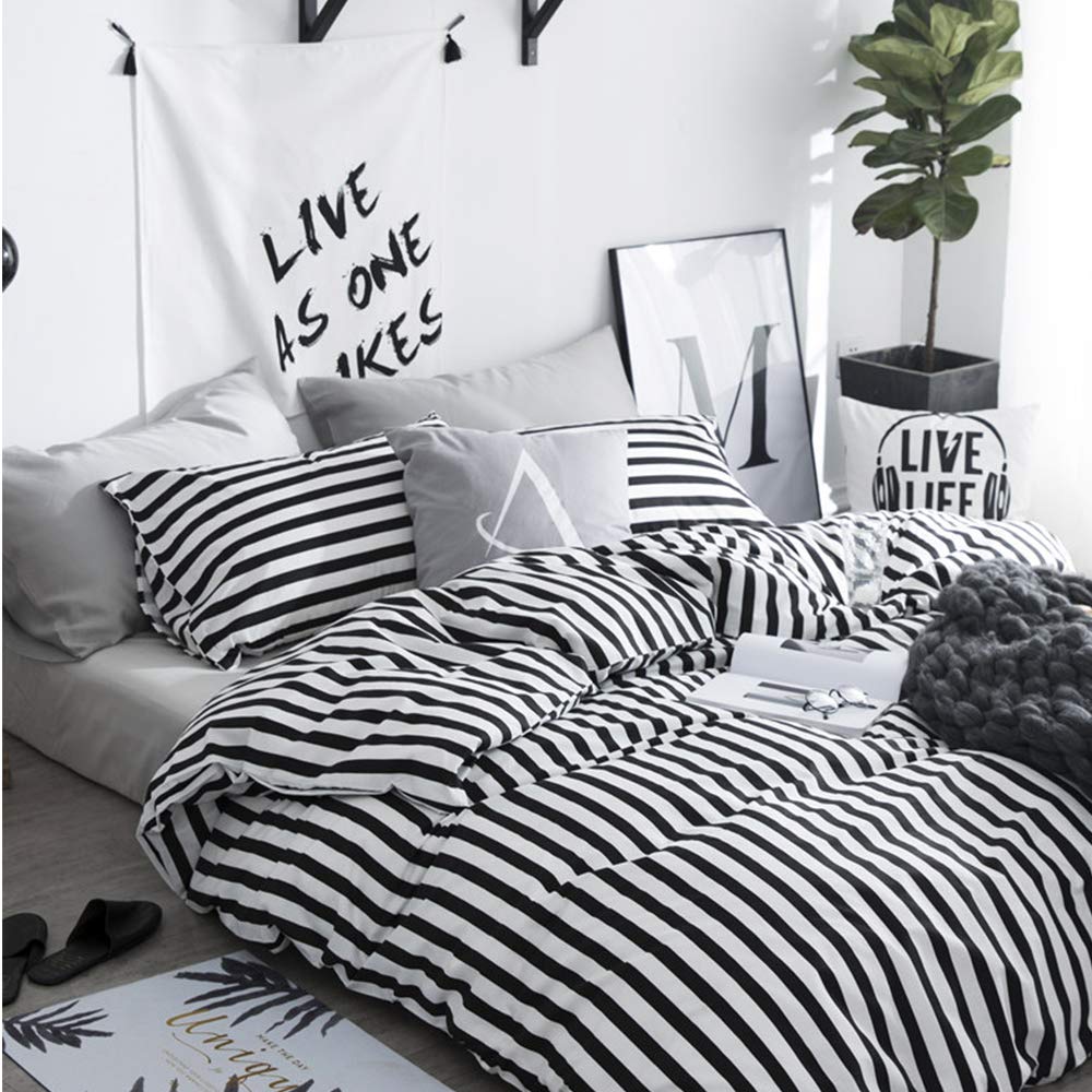 Clothknow Striped Comforter Set California King 3Pcs Black White Bedding Comforter Sets Farmhouse Comforter Ticking Black Comfor