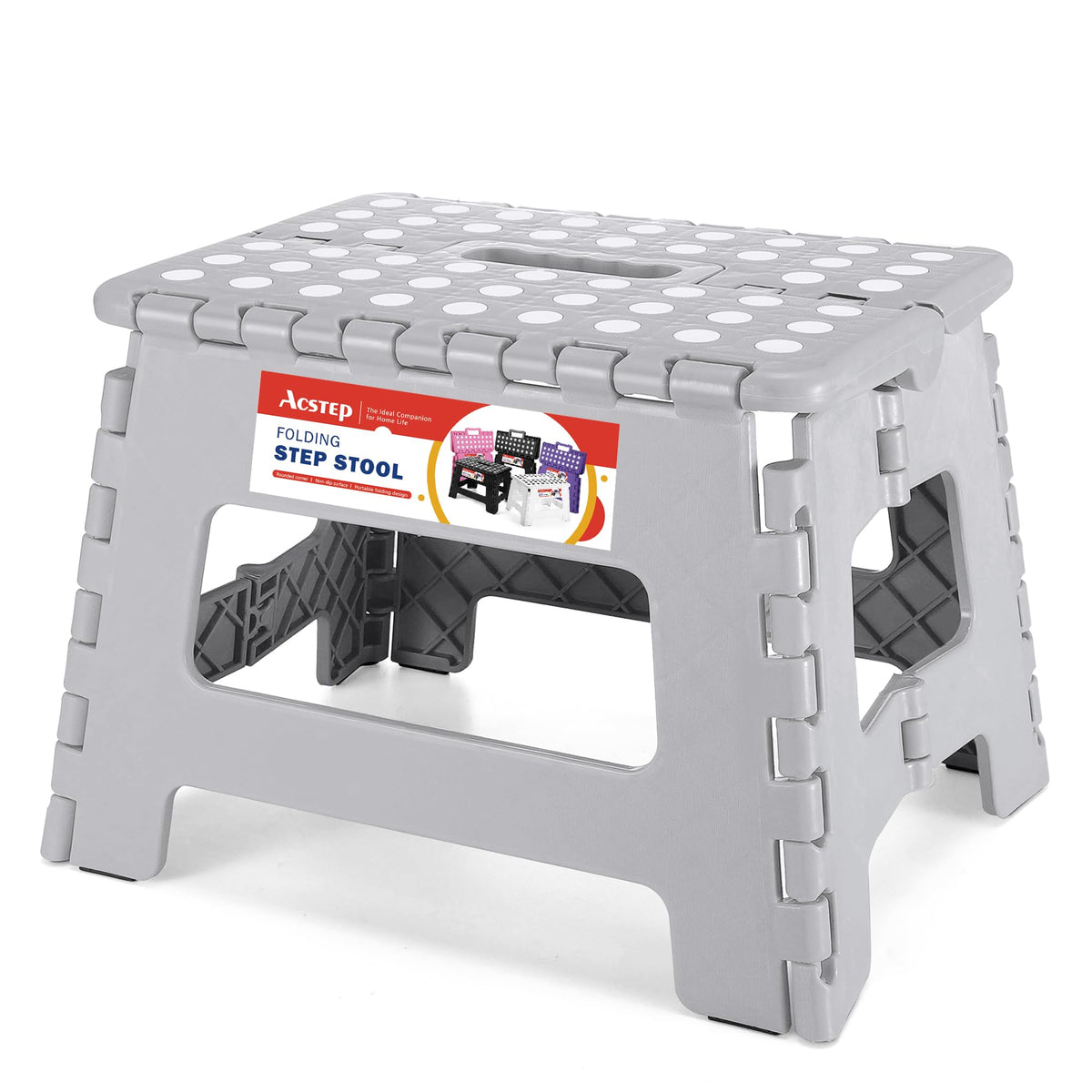 Acstep Folding Step Stool 9'' Foldable Step Stool For Kids And Adults Up To 300 Lbs, Non-Slip Folding Stools With Portable Handle For Bedroom Kitchen, Bathroom Grey