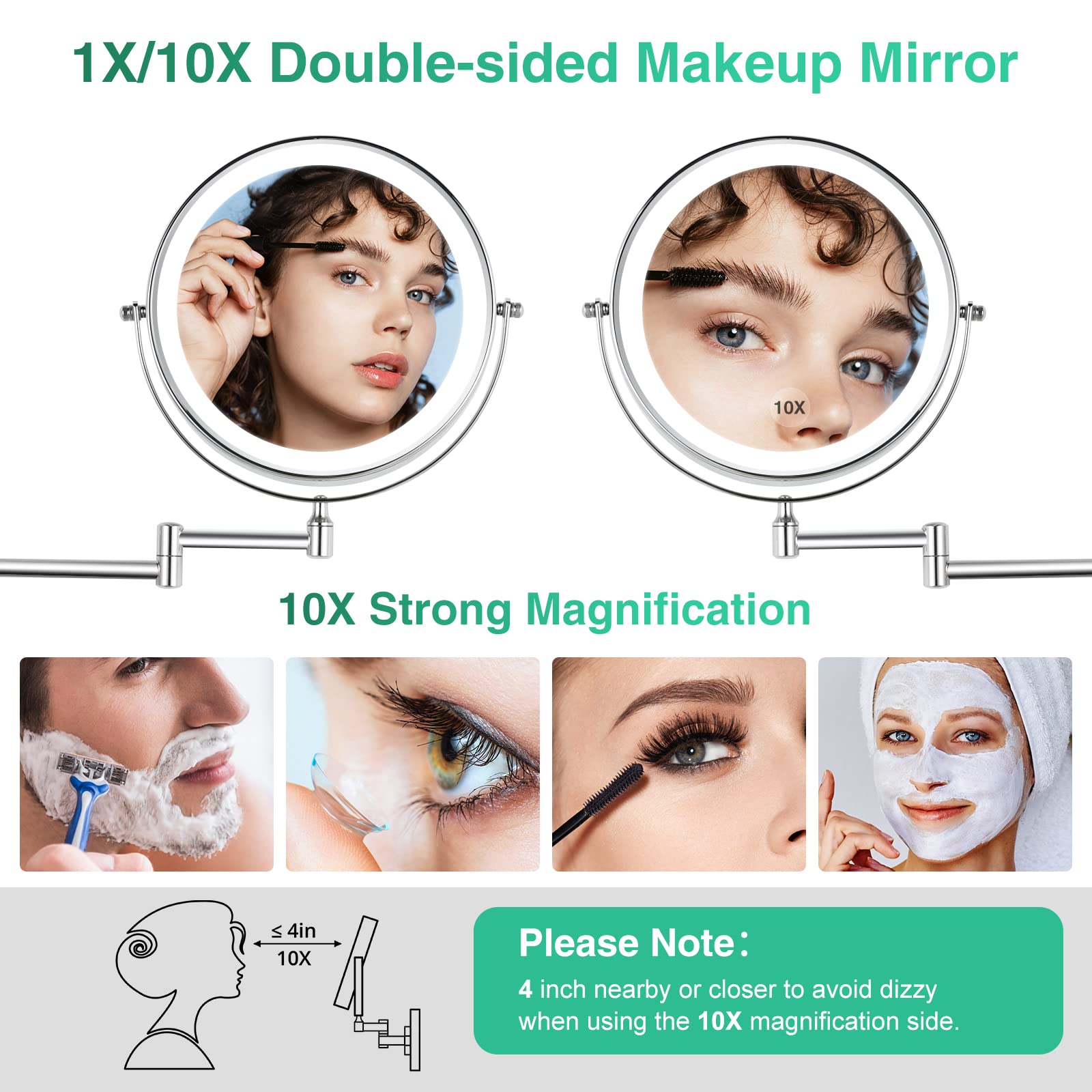 8.5 Inch Rechargeable Wall Mounted Lighted Makeup Mirror, Double-Sided 1X/10X Led Magnifying Vanity Mirror With Lights, 3 Color