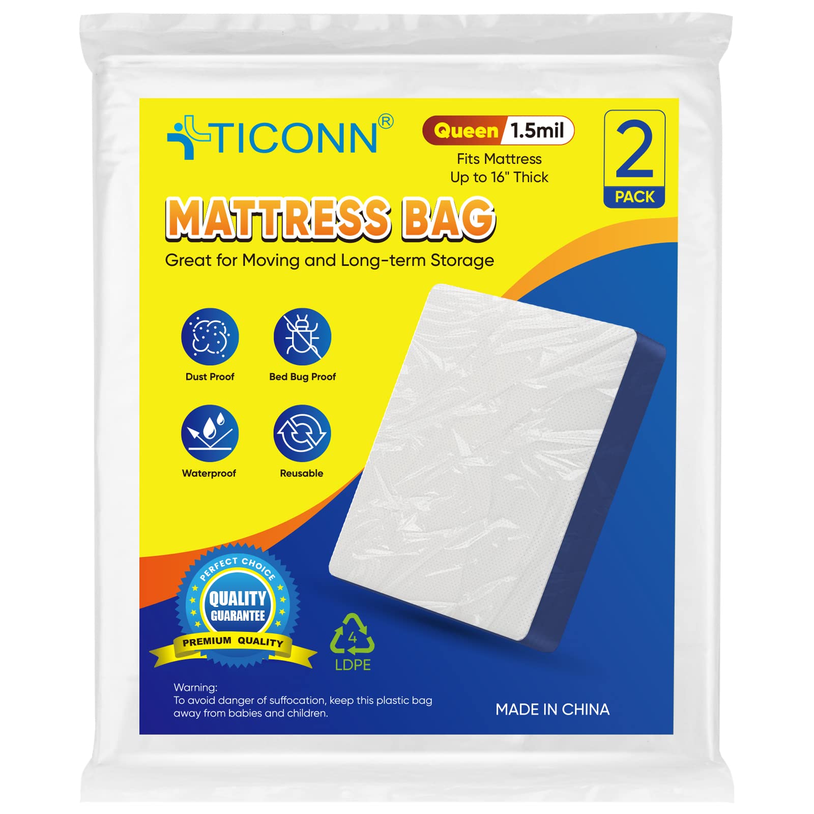Ticonn 2Pk Plastic Mattress Bag For Moving Storage, Waterproof Mattress Protector Cover, Heavy-Duty Mattress Moving Supplies (1.