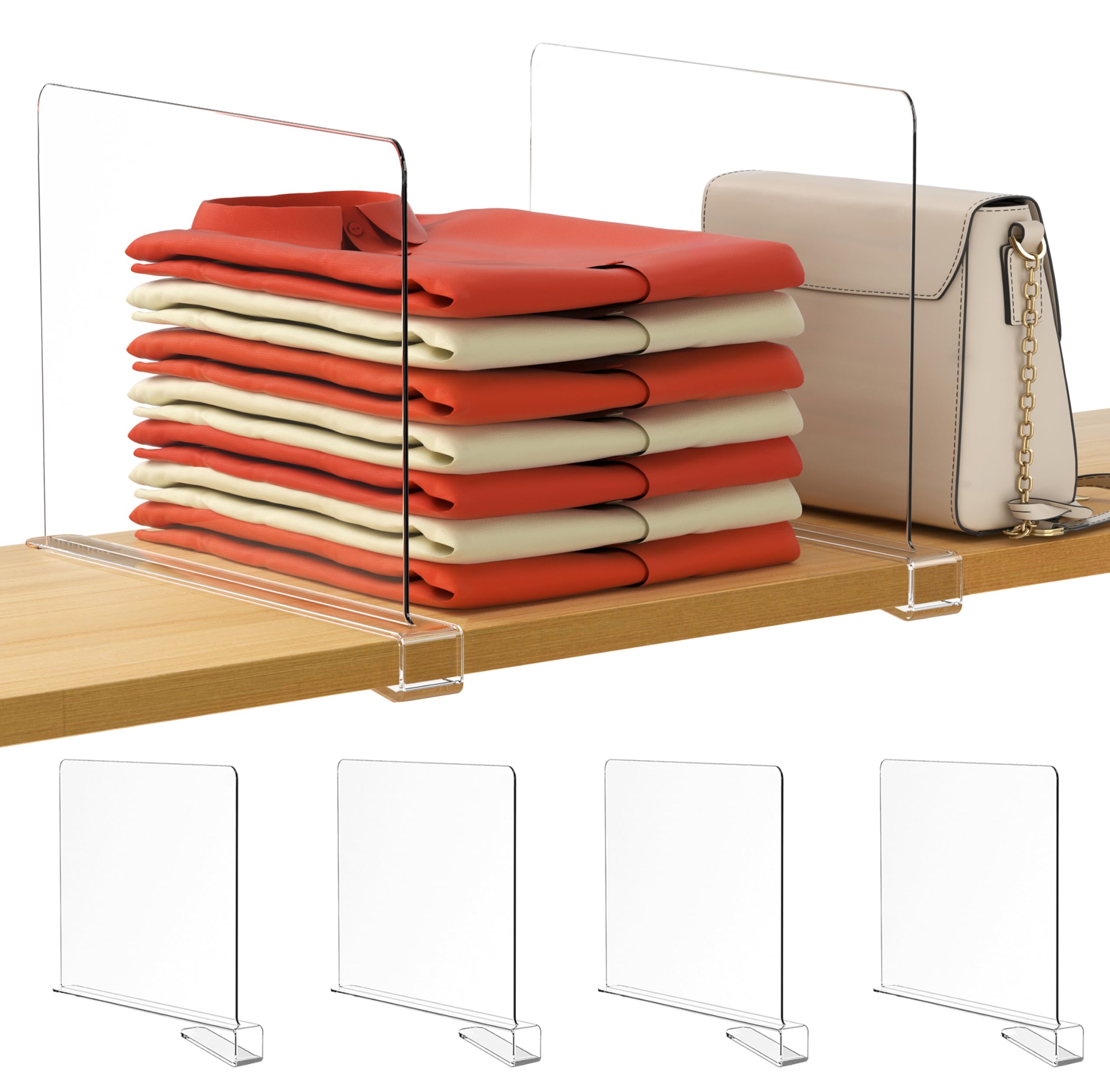Hblife 12 Inches Tall [Extra Tall Version] Clear Shelf Dividers, 4 Pack Purse Organizer For Closet Perfect For Sweater, Shirts, Handbags In Bedroom And Kitchen, Acrylic Bookshelf For Organization