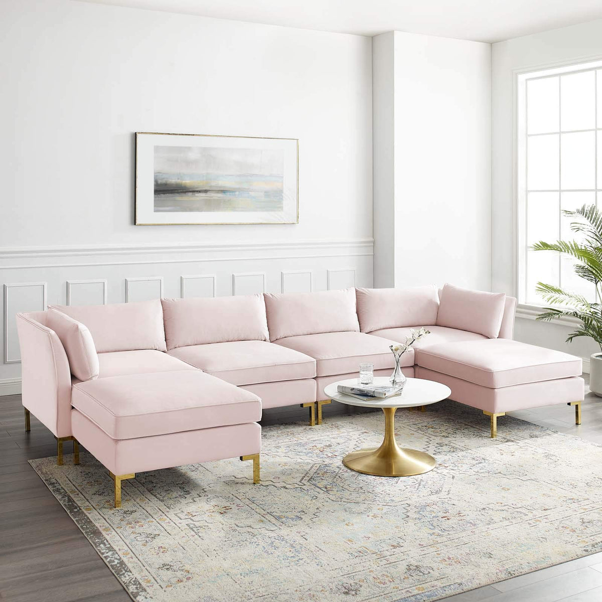 Modway Ardent Performance Velvet Sectional Sofa, 6 Piece W/Double Chaise, Pink