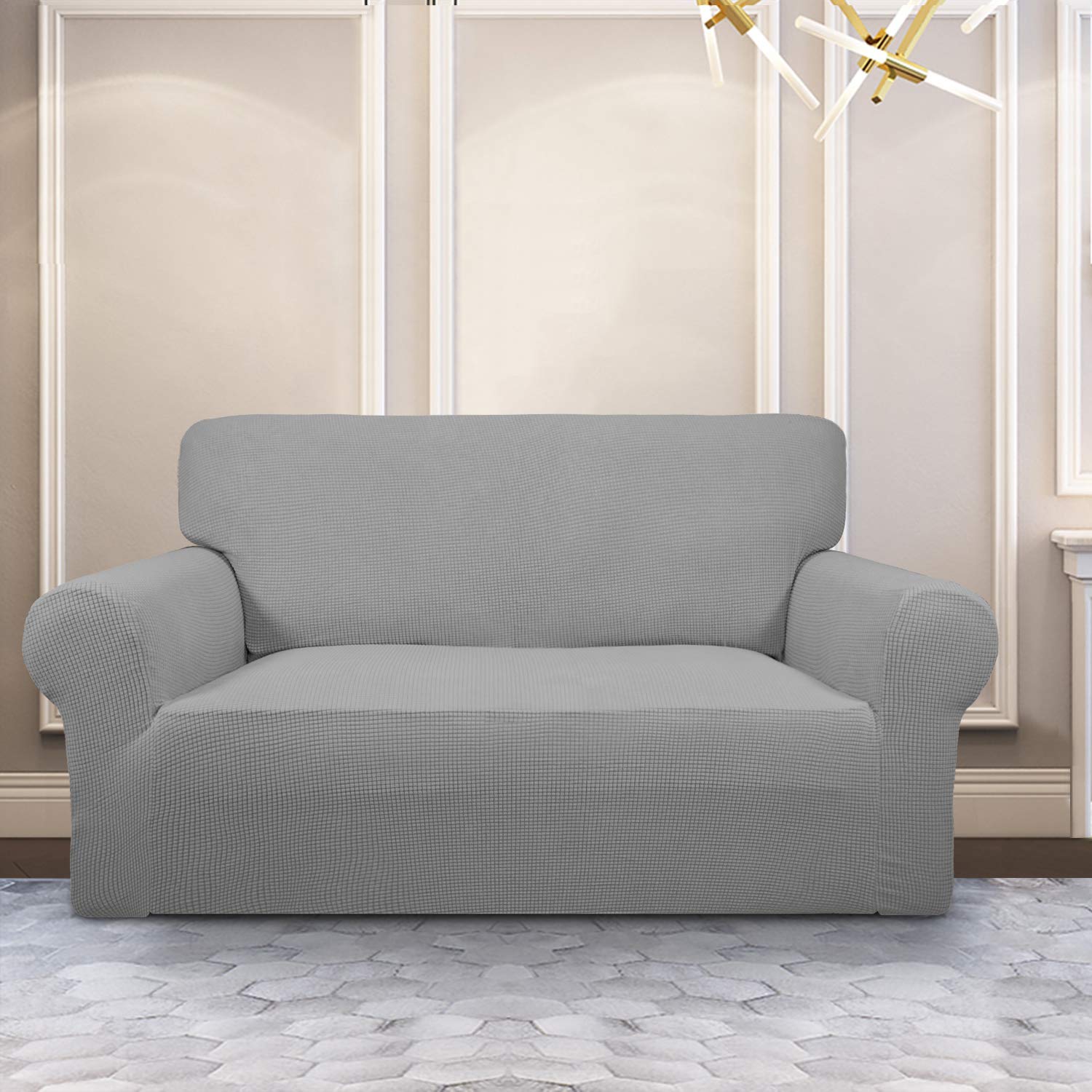 Purefit Stretch Loveseat Sofa Slipcover – Spandex Jacquard Non Slip Soft Couch Sofa Cover, Washable Furniture Protector With Non Skid Foam And Elastic Bottom For Kids (Loveseat, Light Gray)