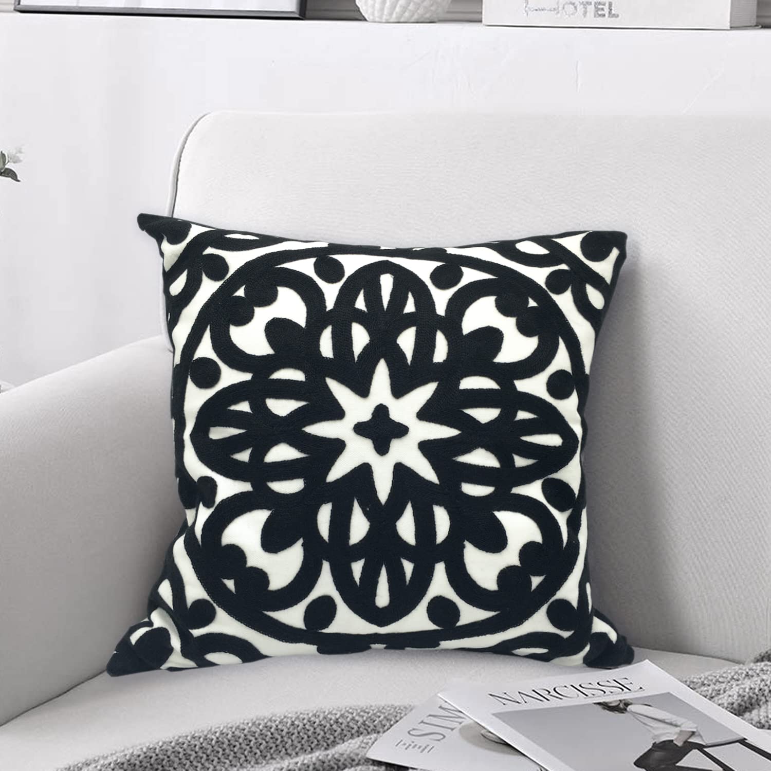 Alysheer Embroidered Decorative Throw Pillow Cover 18X18 Inch, Classic Boho Mandala Chic Knit Pattern, 100% Cotton Canvas Cozy C