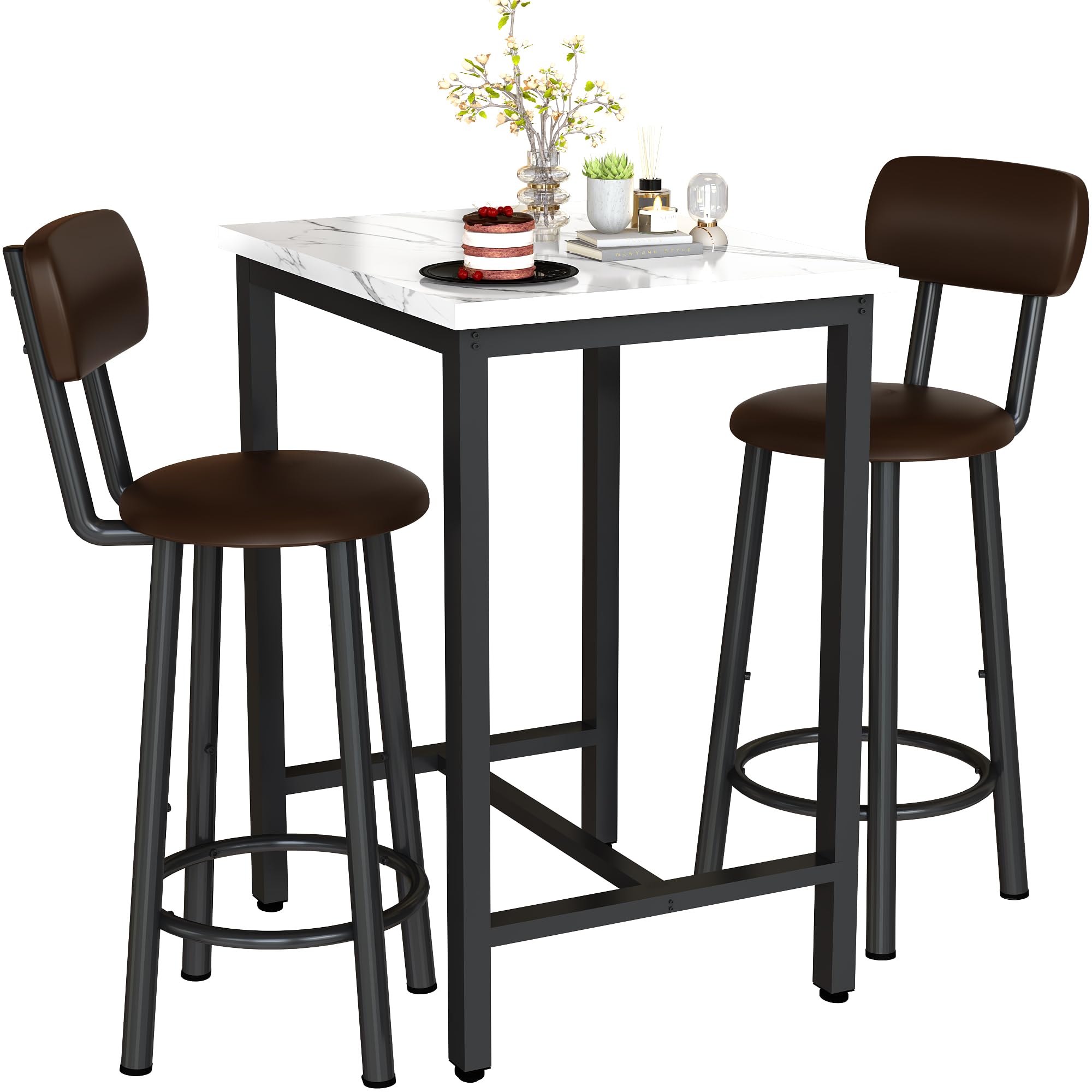 Dklgg Dining Table Set For 2, 24' Square Kitchen Table And Chairs Set With Mdf Tabletop & 2 Pu Leather Chairs, Bar Pub Dining S