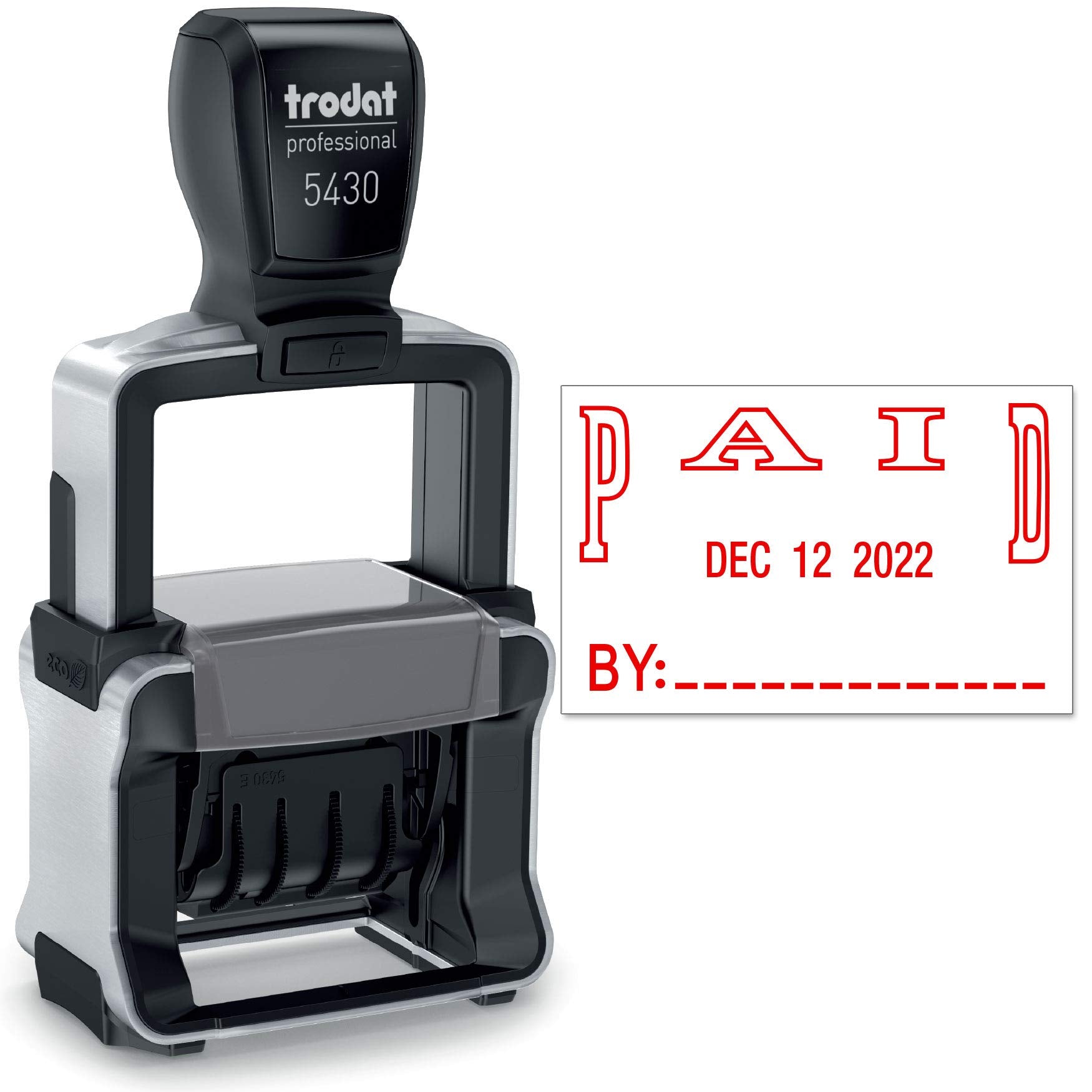 Trodat 5430 Professional Self-Inking Date Stamp With Paid - Red Ink