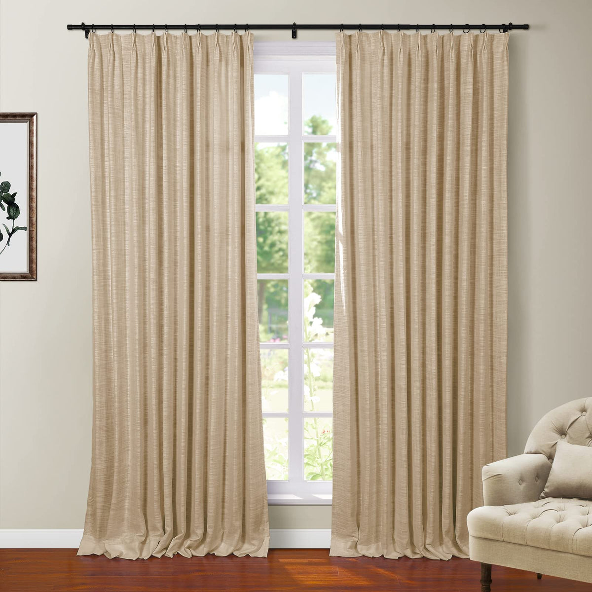 Twopages Polyester Linen Heavy Weight Blackout Curtain With Pinch Pleat And Back Tab Top Window Treatment Panel For Bedroom Flax