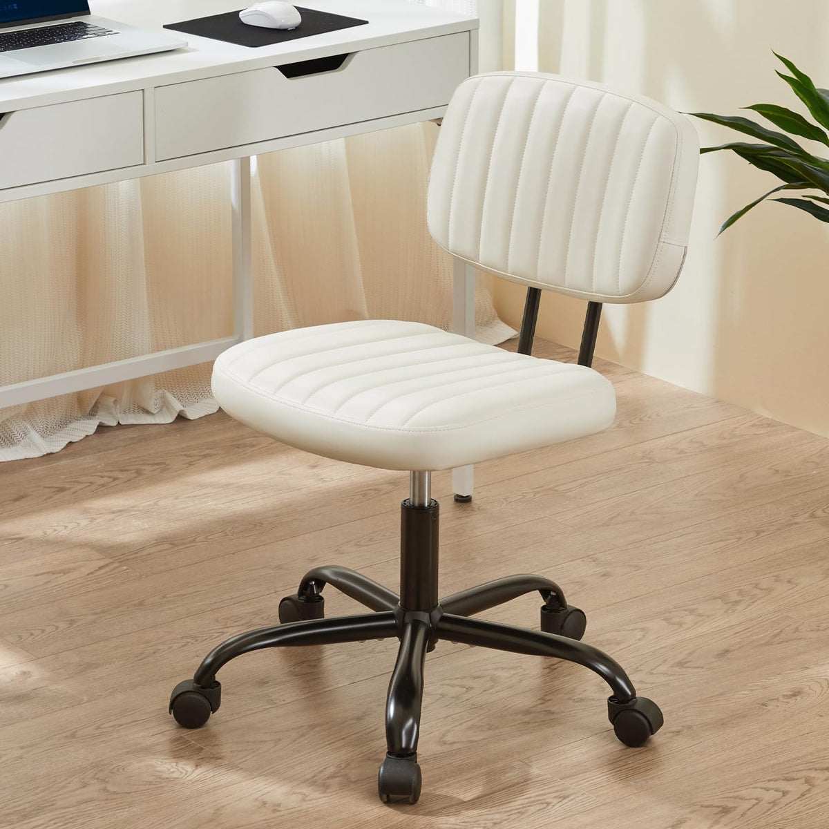 Sweetcrispy Small Office Computer Desk Chair With Wheels And Lumbar Support, Comfy Cute Armlees Pu Leather Vanity Rolling Swuvel Task Chair No Arm For Adult, Student