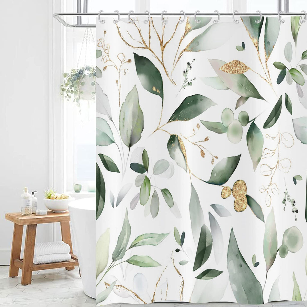 Gcirec Green And Gold Leaf Shower Curtain, Sage Eucalyptus Leaves With Gold Branches Botanical Plants Fabric Bathroom Curtain Ho
