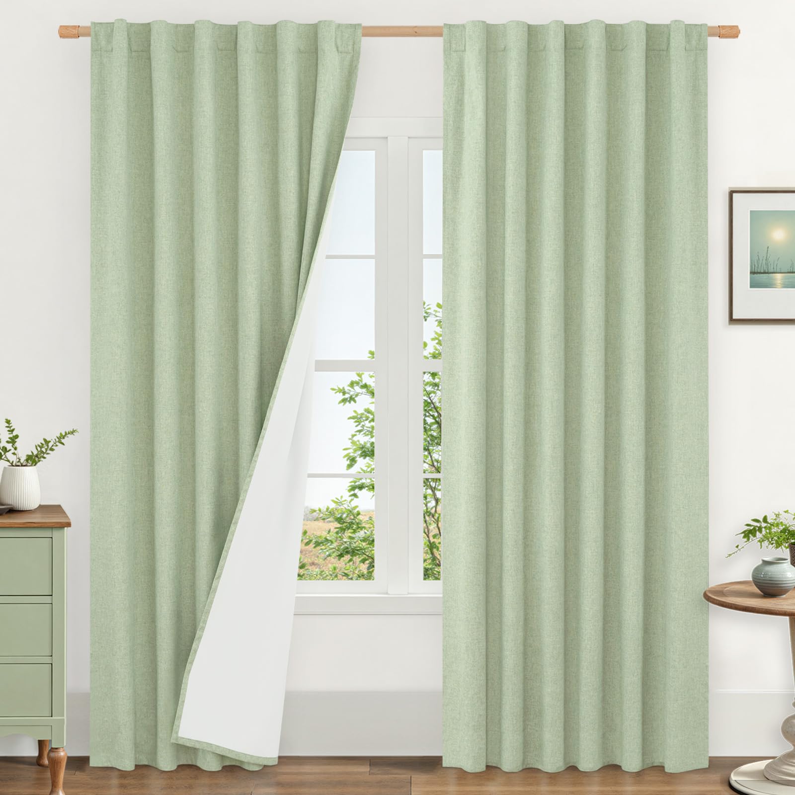 LAMIT Light Green 100% Blackout Linen Curtains, 84 Inch Linen Textured Living Room Bedroom Drapes Room Darkening Back Tab and Ro