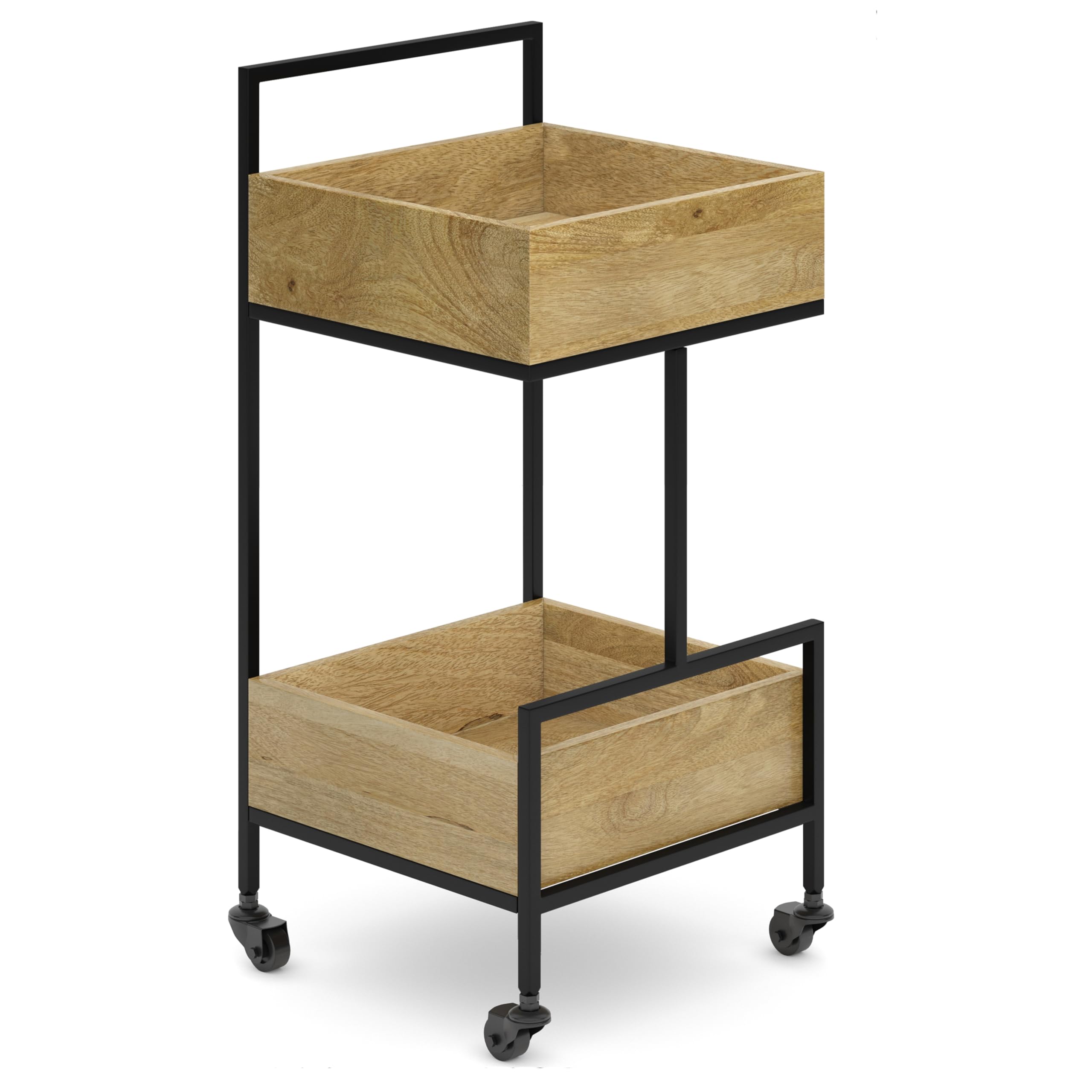 SIMPLIHOME Hobbs Bar Cart - 16 inch Wide Solid Mango Wood Serving Trolley in Natural, Industrial Contemporary Rolling Beverage C