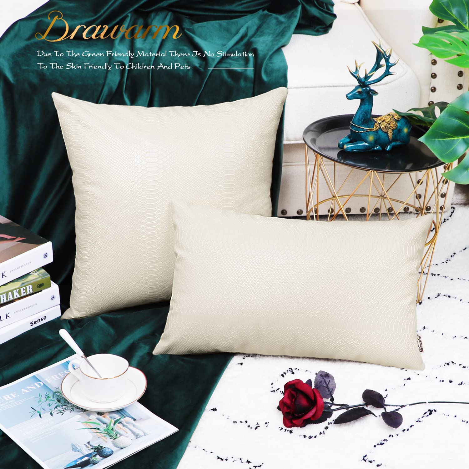 Brawarm Ivory White Leather Throw Pillows 20 X 20 Inches, Snake Leather Pillow Covers Pack Of 2, Faux Leather Decorative Pillow