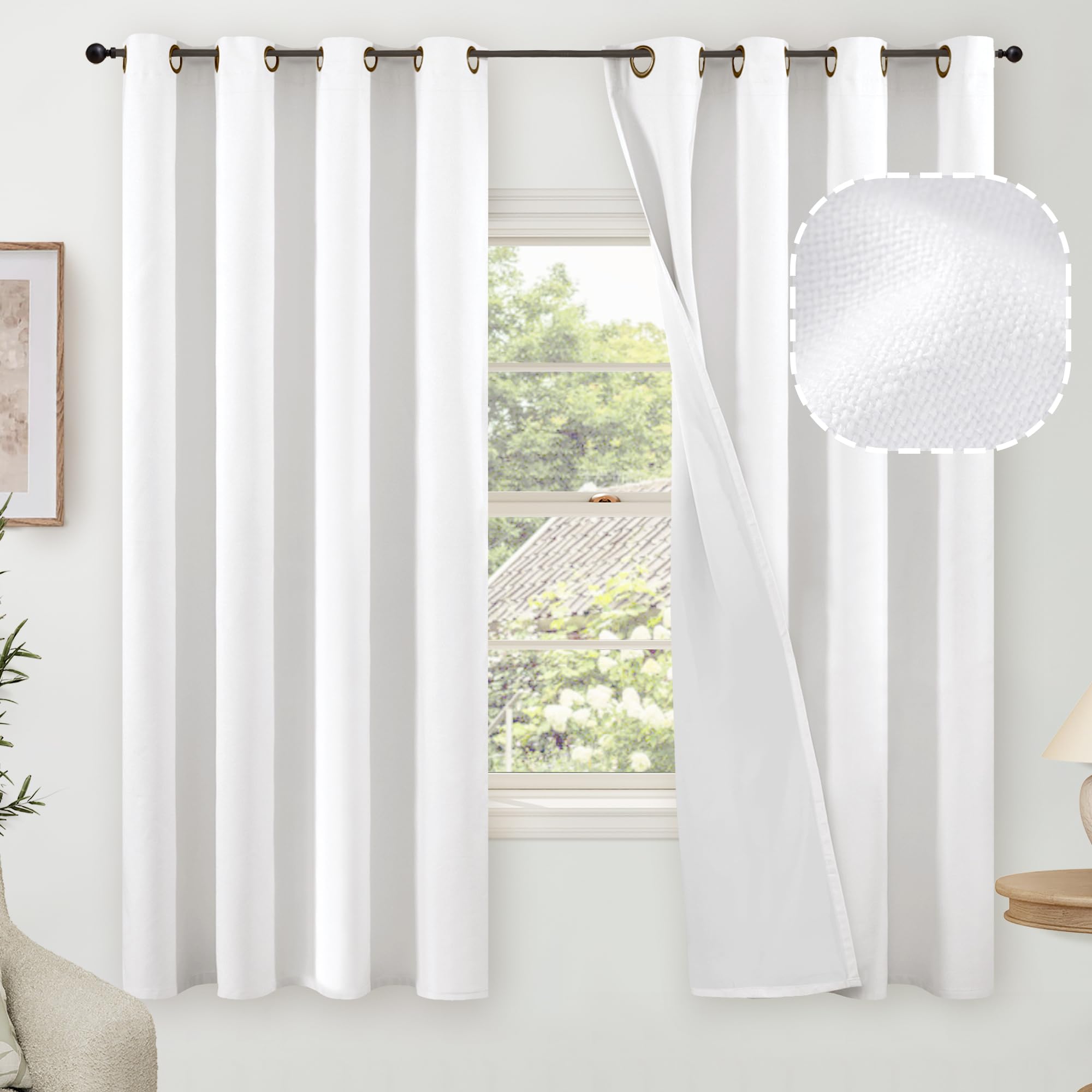 Lajode White Linen 100% Blackout Curtains For Bedroom 63 Inch Length 2 Panels, Thermal Insulated Complete Light Blocking Noise R