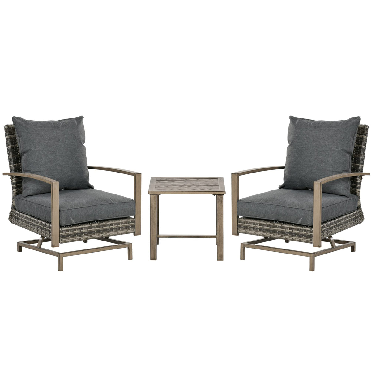 Outsunny 3-Piece Patio Wicker Bistro Set With Cushions, Aluminum Frame Outdoor Pe Rattan Conversation Furniture With 2 Rocking Chairs, Slat Top Coffee Table For Porch, Backyard, Garden, Dark Gray