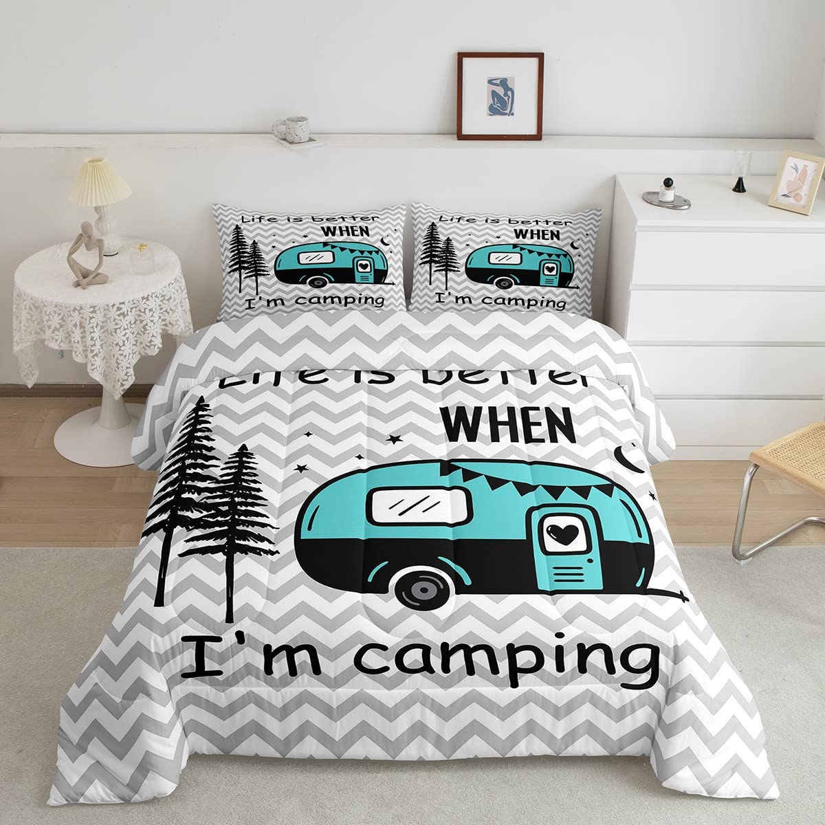 Kids Adults Camper Comforter Set Queen,Rustic Natural Farmhouse Grey Bedding Set 3Pcs For Trailer Rv Decor,Moonlight Wild Advent