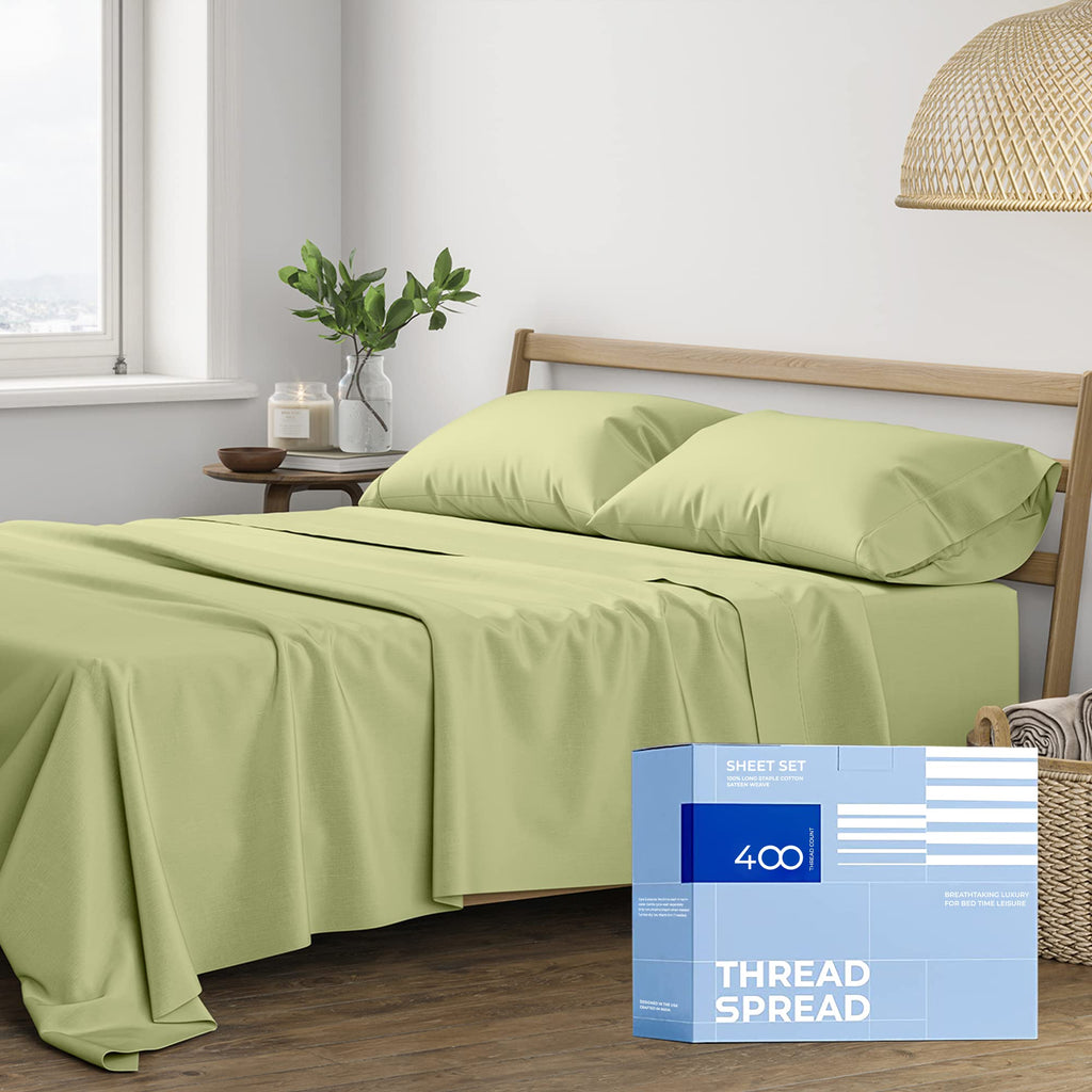Thread Spread 100% Cotton Full Size Sheets Set - 400 Thread Count 4 Pc Cotton Sheet Set - Soft, Breathable Cooling Sheets - Deep Pocket Full Size Cotton Bedsheets - Sateen Weave Bedsheet (Sage Green)