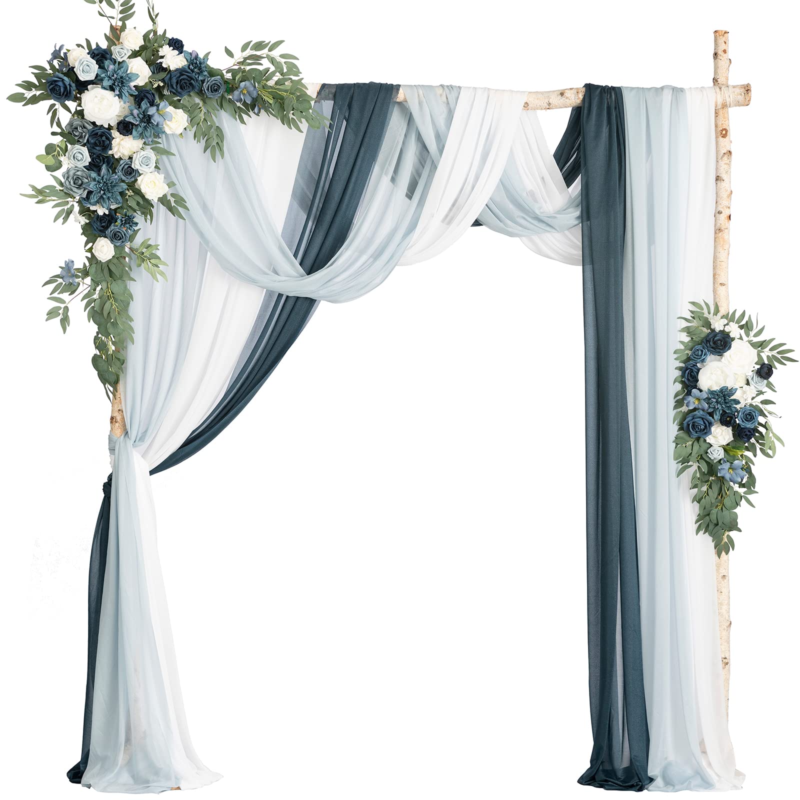 Lings Moment Deluxe Blue Artificial Wedding Arch Flowers with Drapes Kit-Pack of 5, 2pcs Flower Arrangements 3pcs Hanging Sheer