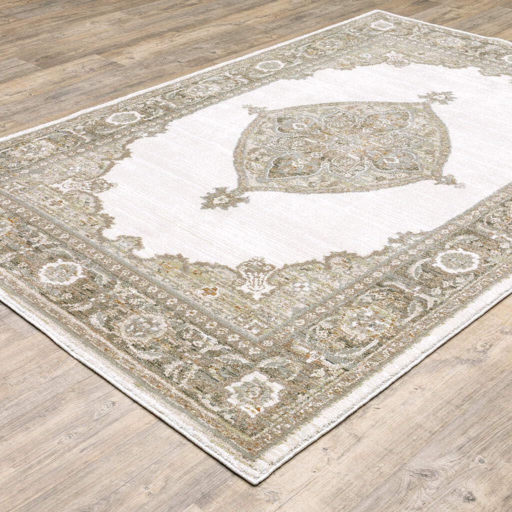 HomeRoots 510148 8 x 10 ft. Beige Ivory Tan Gold Gray & Green Oriental Power Loom Stain Resistant Rectangle Area Rug