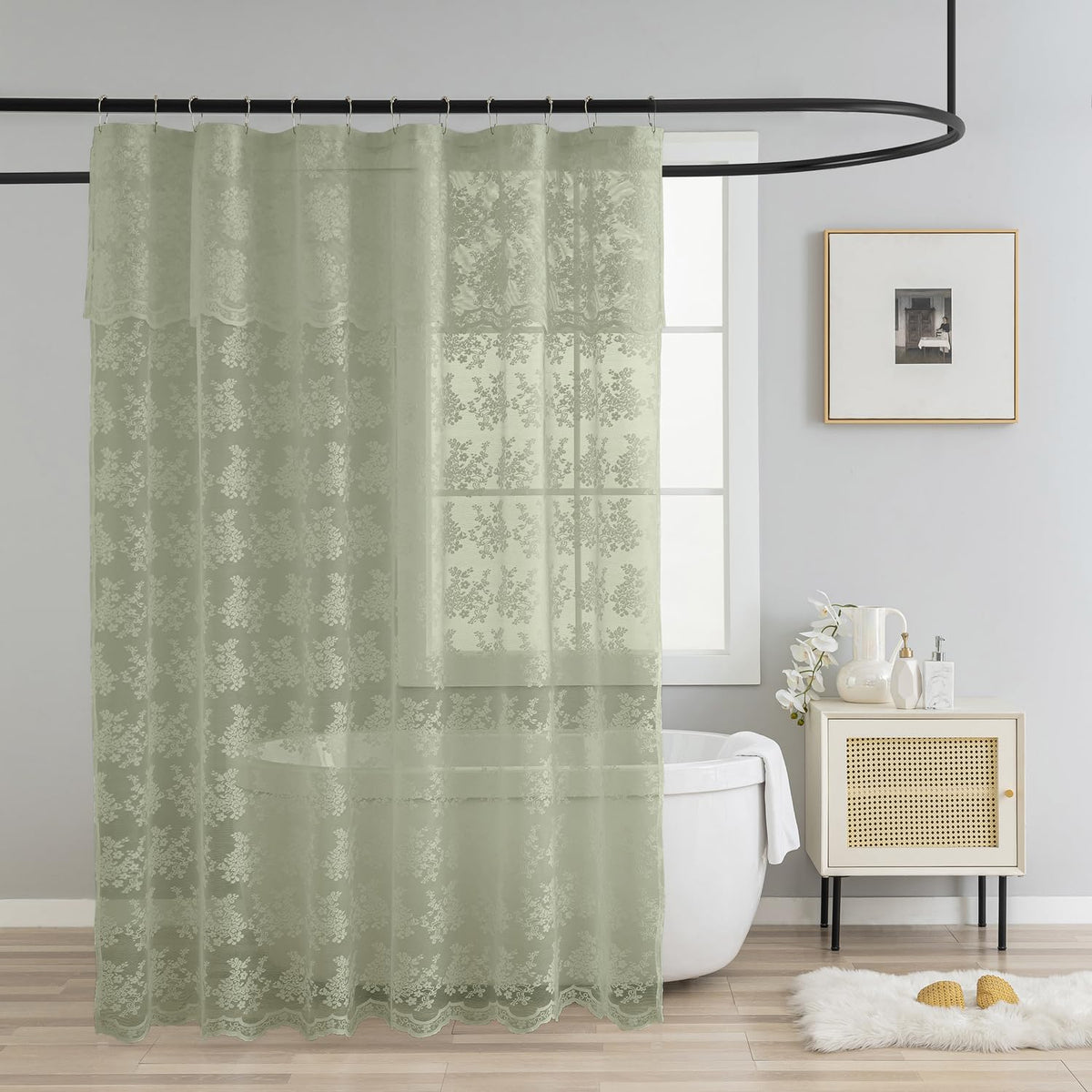 Tudeco Sage Green Lace Shower Curtain With Attached Valance, Knitted Sheer Vintage Floral Shower Curtain For Bathroom, Scalloped