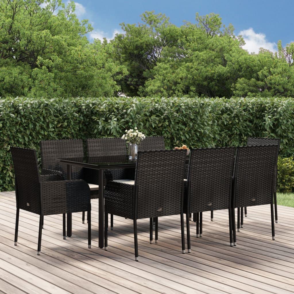 vidaXL 9 Piece Patio Dining Set - Black Poly Rattan Outdoor Furniture with Cushions, Tempered Glass Tabletop and Powder-Coated Steel Frame for Garden