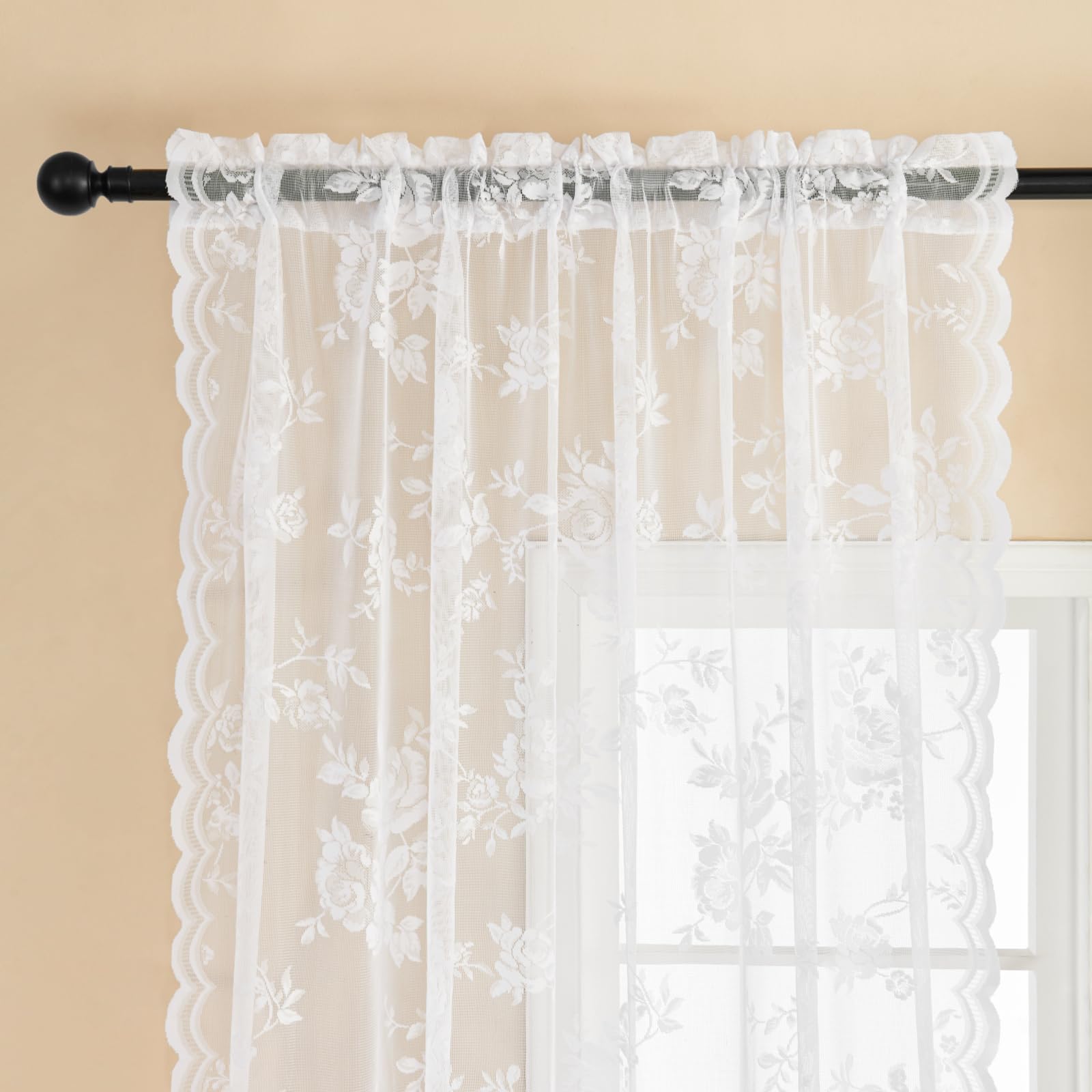 Seekright White Lace Curtains 54 Inch Length 2 Panels Set Victorian Floral Sheer Curtains For Kitchen Cafe Rod Pocket Light Filt