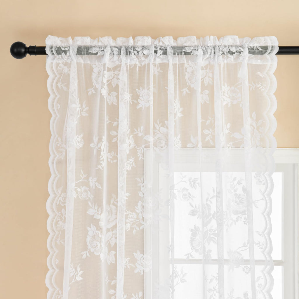 Seekright White Lace Curtains 90 Inches Long 2 Panels Victorian Floral Sheer Curtains For Living Room Bedroom Rod Pocket Light F