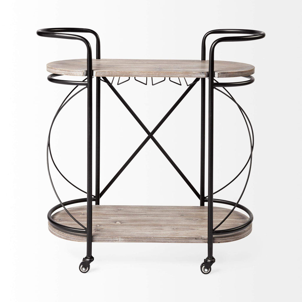 HomeRoots Cyclider Black Metal with Two Wooden Shelves Bar Cart