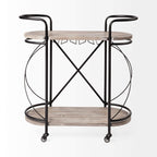 HomeRoots Cyclider Black Metal with Two Wooden Shelves Bar Cart