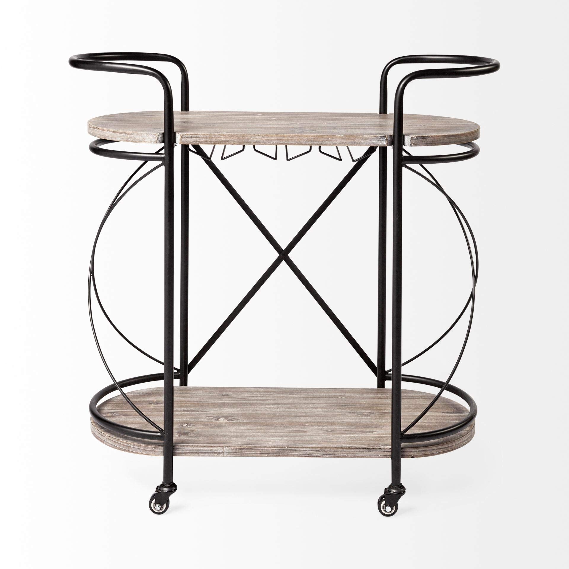 HomeRoots Cyclider Black Metal with Two Wooden Shelves Bar Cart