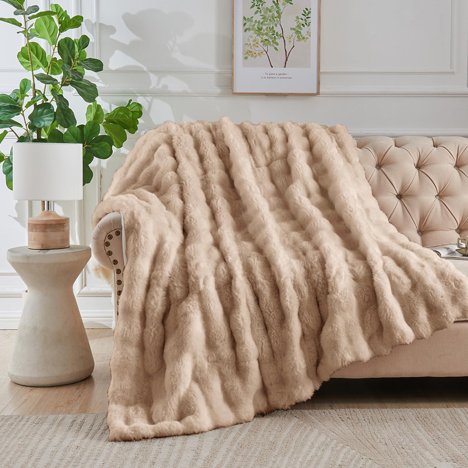 Lotus Karen Faux Fur Blanket Khaki Twin Size - Big Bubble Rabbit Fluff Blanket For Couch, Small Fluffy Fuzzy Cozy Blanket, Thick