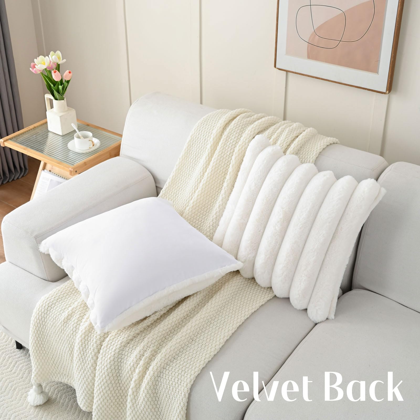 Futei Cream White Decorative Throw Pillow Covers 24X24 Inch Set Of 2, Square Soft Faux Rabbit Fur Big Striped Pillow Sham,Home D