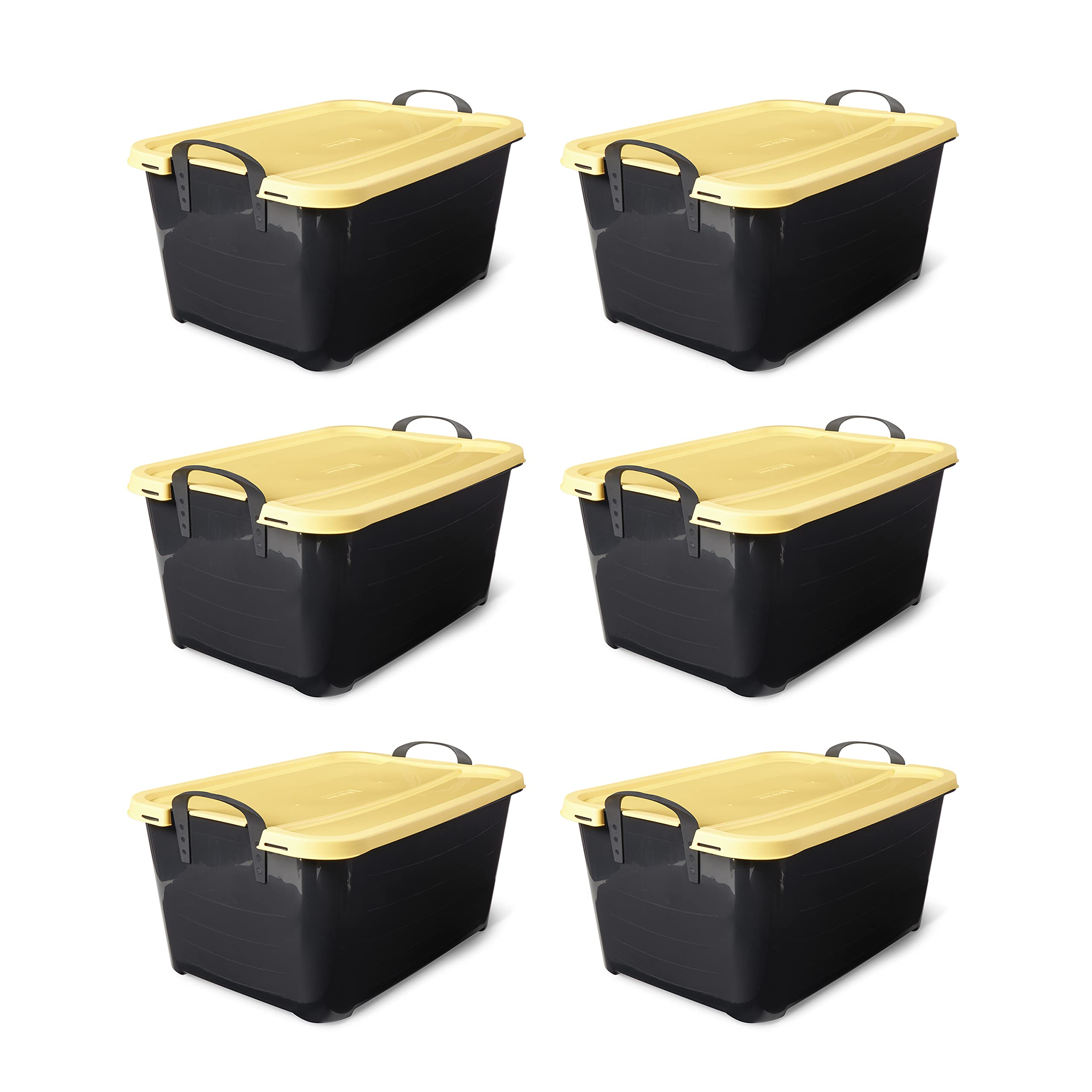 Life Story 55 Quart Plastic Stackable Storage Unit Bin with Lid and Handles for Home Garage Organization, Black and Yellow (6 Pa
