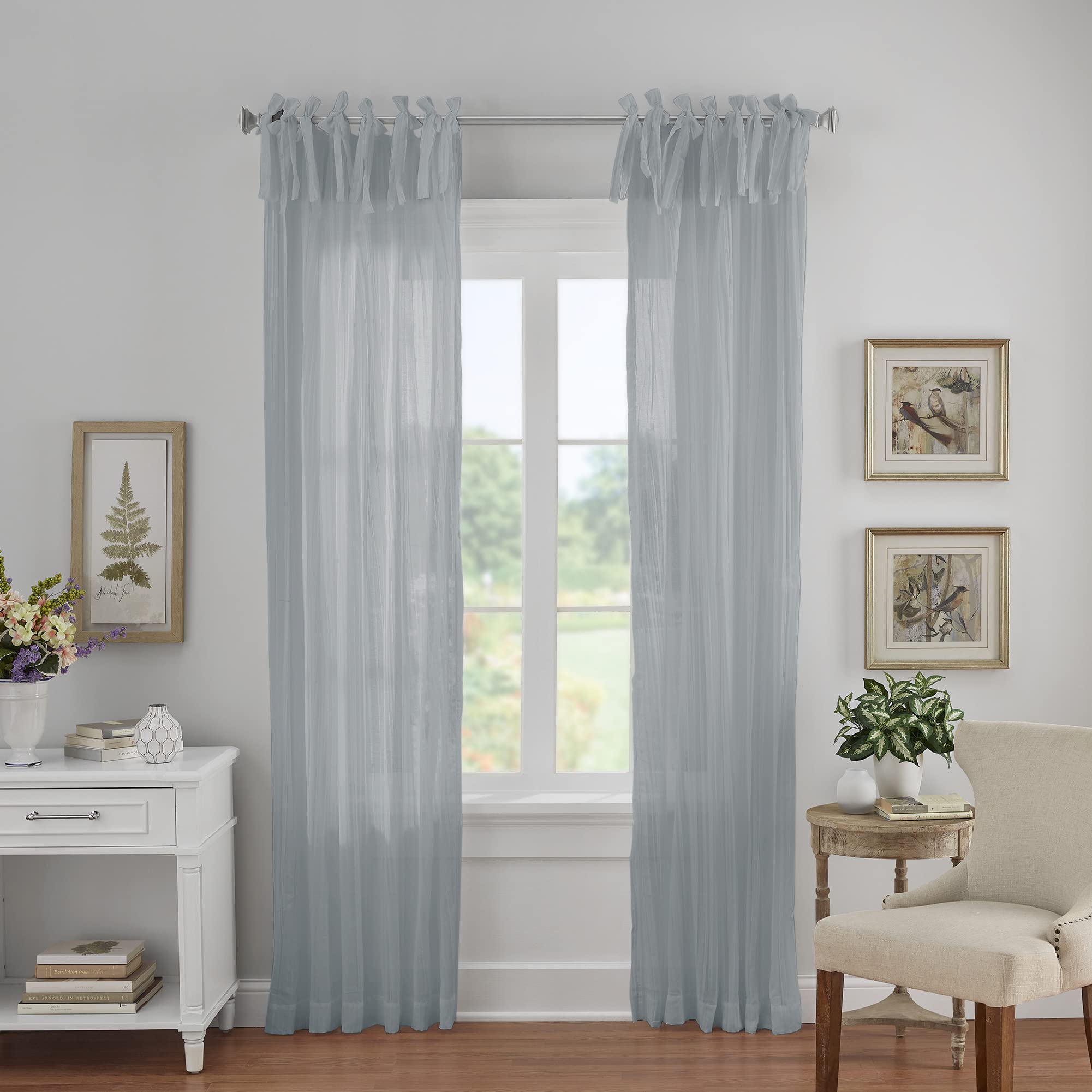 Elrene Home Fashions Jolie Crushed Semi-Sheer Window Curtain, Adjustable Tie-Top Single Panel, 52'' x 84'' (1 Panel), Soft Blue