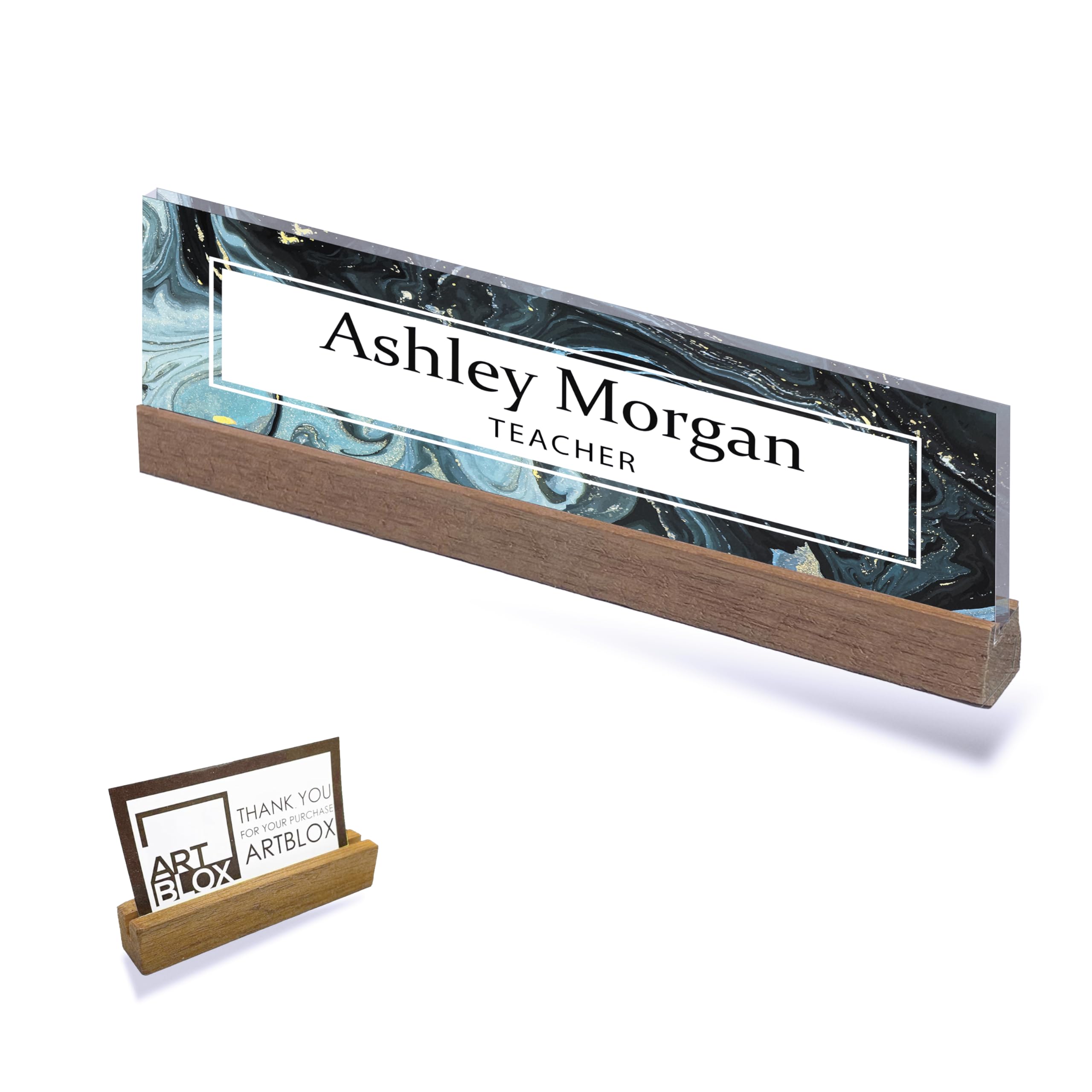 Artblox | Office Personalized Name Plate Green Marble Design On Clear Acrylic Glass For Desk With Business Card Holder