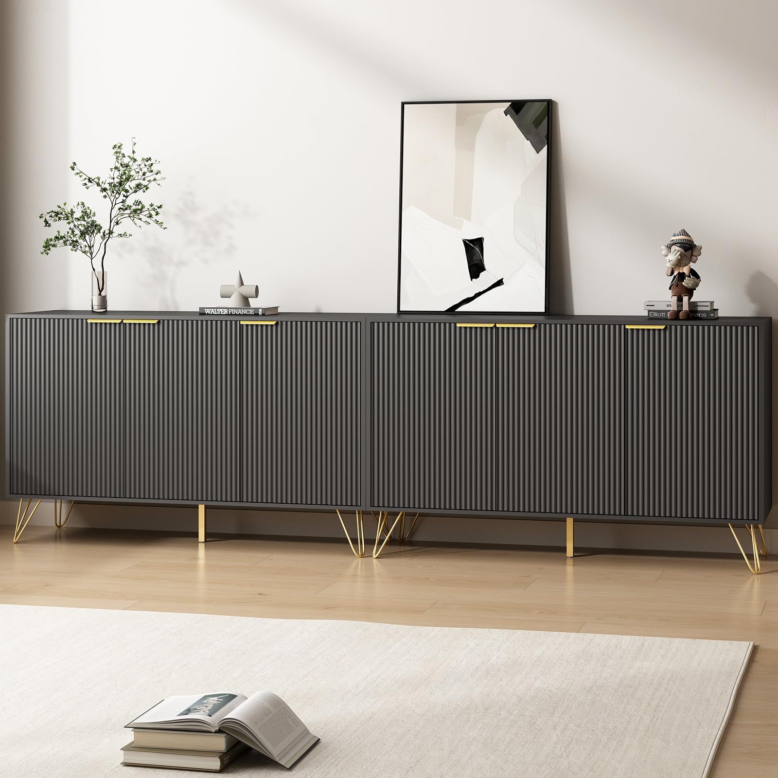 Sscaktu 94.5 Buffet Cabinet with Storage, Set of 2, Fluted Sideboard Storage with 3 Doors, Modern Accent Table with Adjustable S