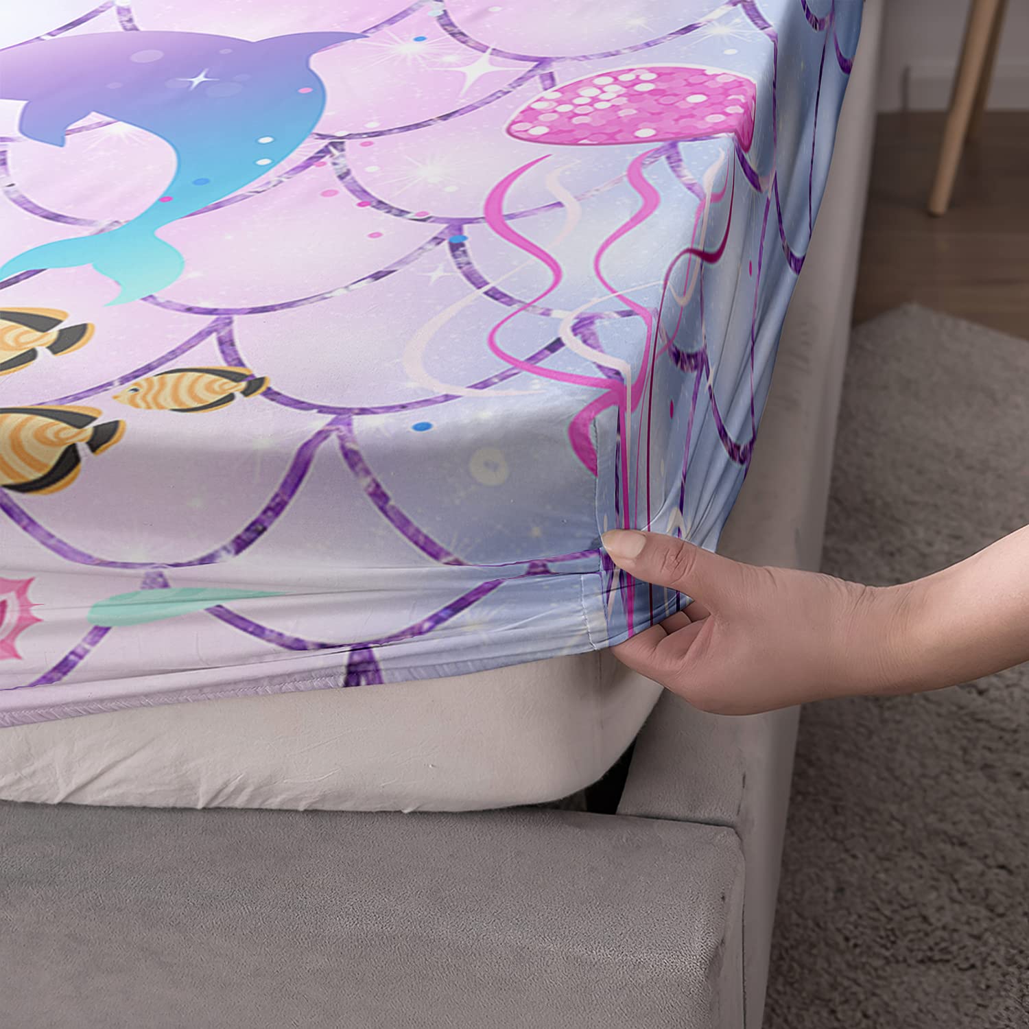 Cvhouse Mermaid Bed Sheets Sets Twin Size,Rainbow Mermaid Bedding Sets For Kids Teens,Ocean Mermaid Fitted Sheet Sets,1 Flat She