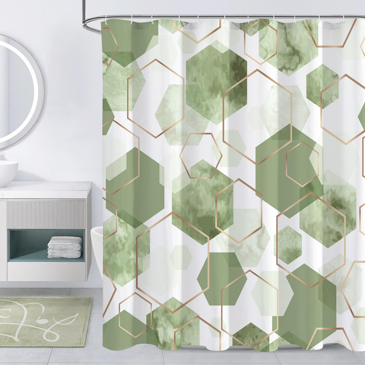 Litabel Sage Green Modern Shower Curtain For Bathroom, Geometric Art Decor Waterproof Bath Curtain, Abstract Fabric Shower Curta