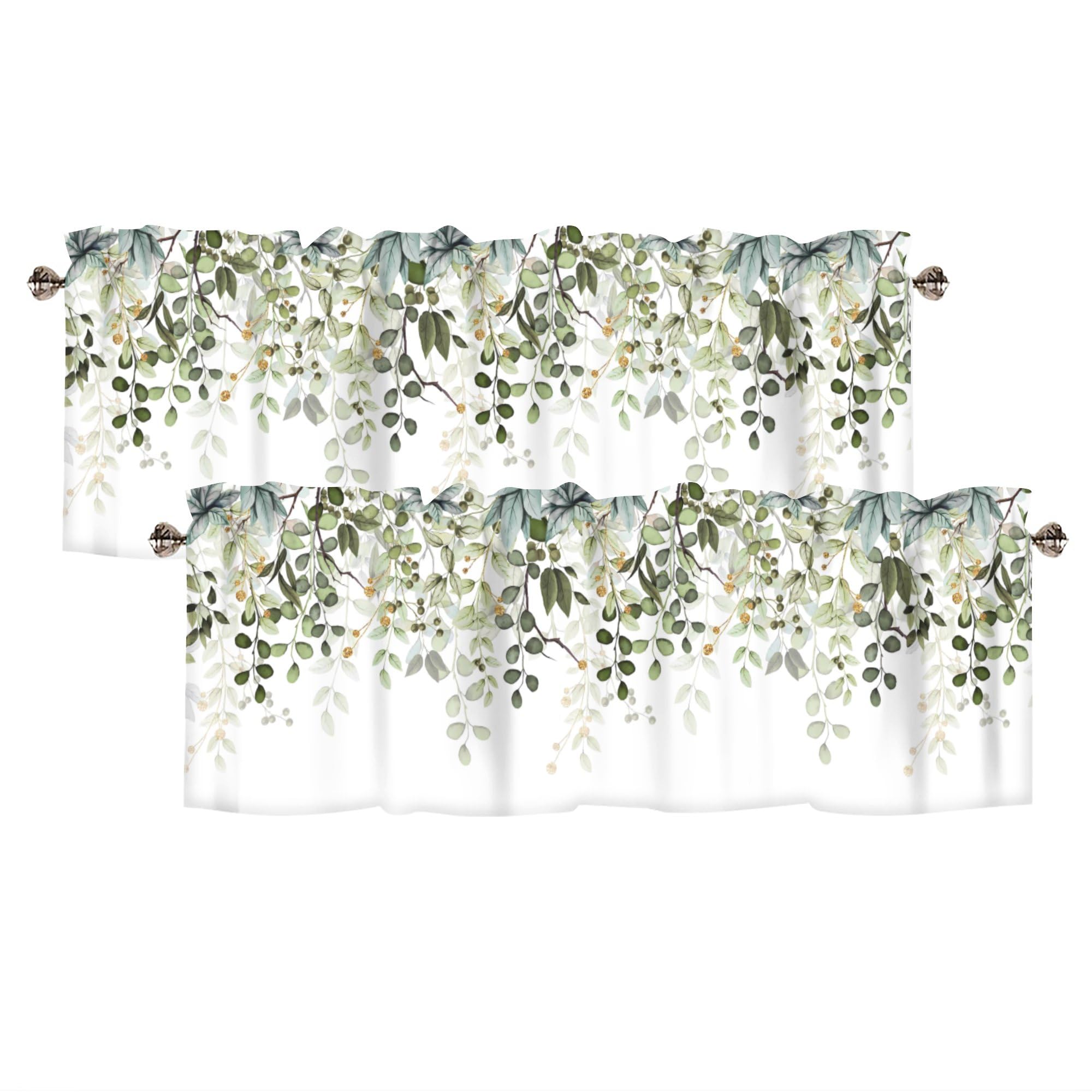 AYTTBIS Sage Green Eucalyptus Leaves Curtain Valance for Windows Watercolor Window Treatments 2 Panels Short Curtains for Kitche
