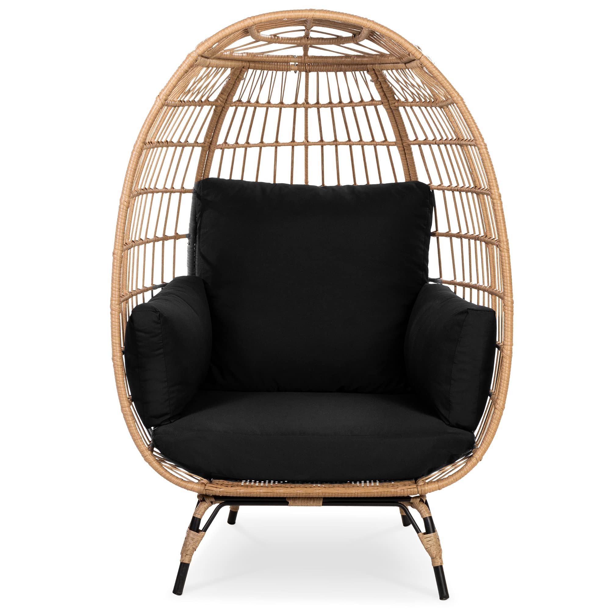 Best Choice Products Wicker Egg Chair, Oversized Indoor Outdoor Lounger For Patio, Backyard, Living Room W/ 4 Cushions, Steel Frame, 440Lb Capacity - Black