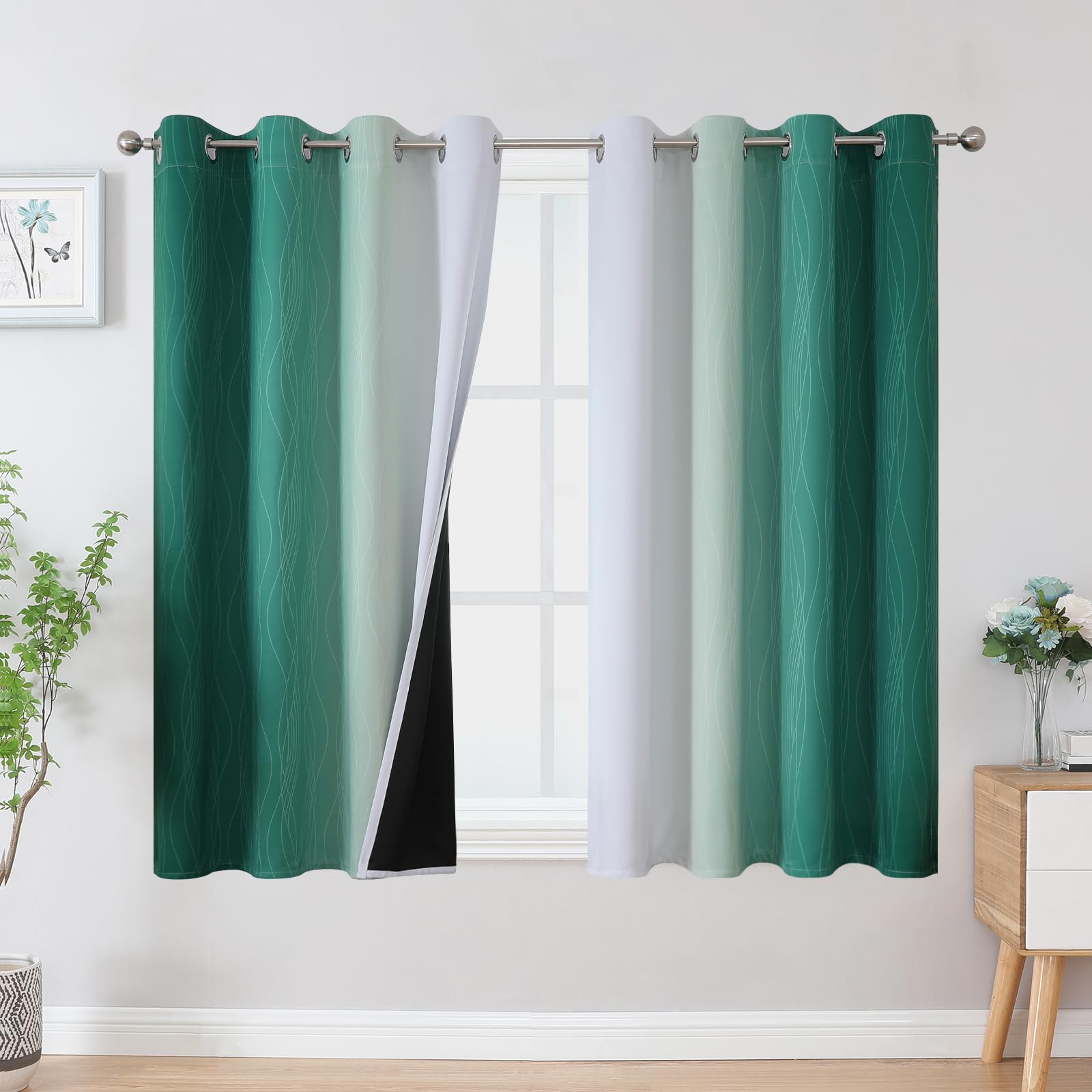 Estelar Textiler Green And Greyish White Blackout Curtains, Full Light Blocking Gradient Grommet Drapes For Living Room, Thermal