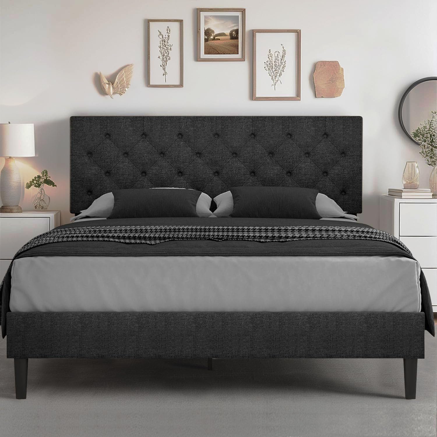 Hombck Queen Bed Frame With Headboard, Linen Fabric Upholstered Bed Frame Queen, Wood Slats Support, Button Tufted, No Box Spring Needed, Black