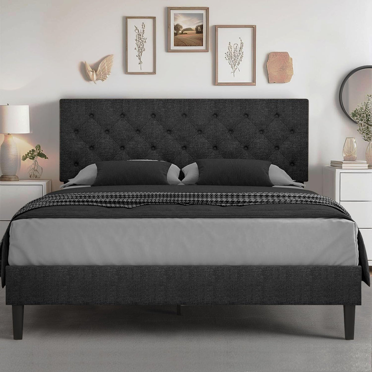 Hombck Queen Bed Frame With Headboard, Linen Fabric Upholstered Bed Frame Queen, Wood Slats Support, Button Tufted, No Box Spring Needed, Black
