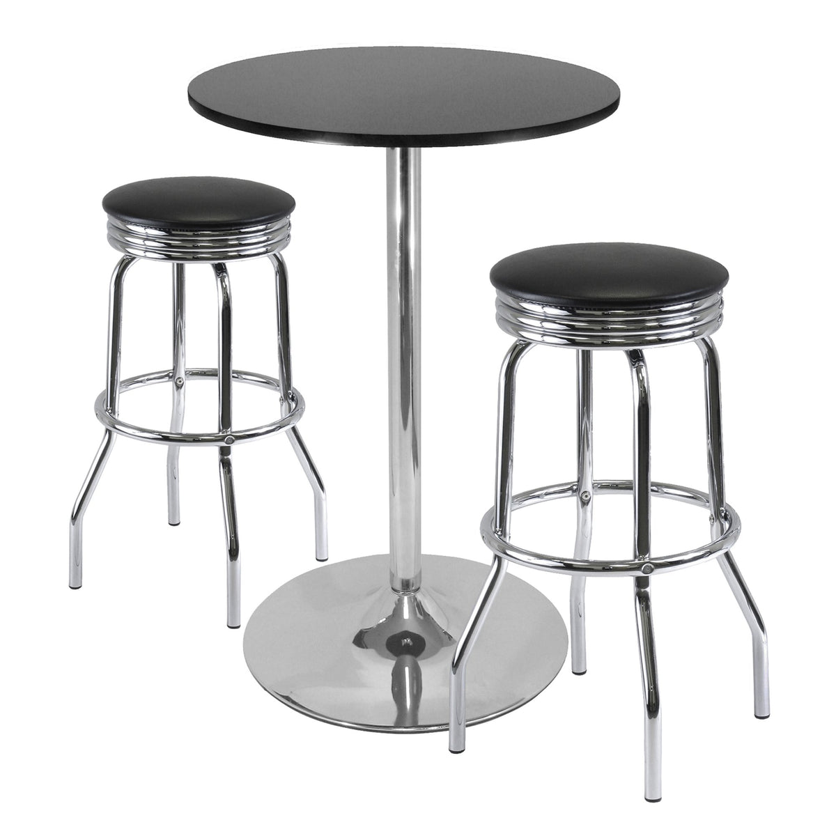 Ergode Wood Summit 3-Piece Pub Table Set | Sleek & Stylish | Black & Chrome | Swivel Stools | 23.62' Tabletop | Sturdy Steel Base | Easy Assembly