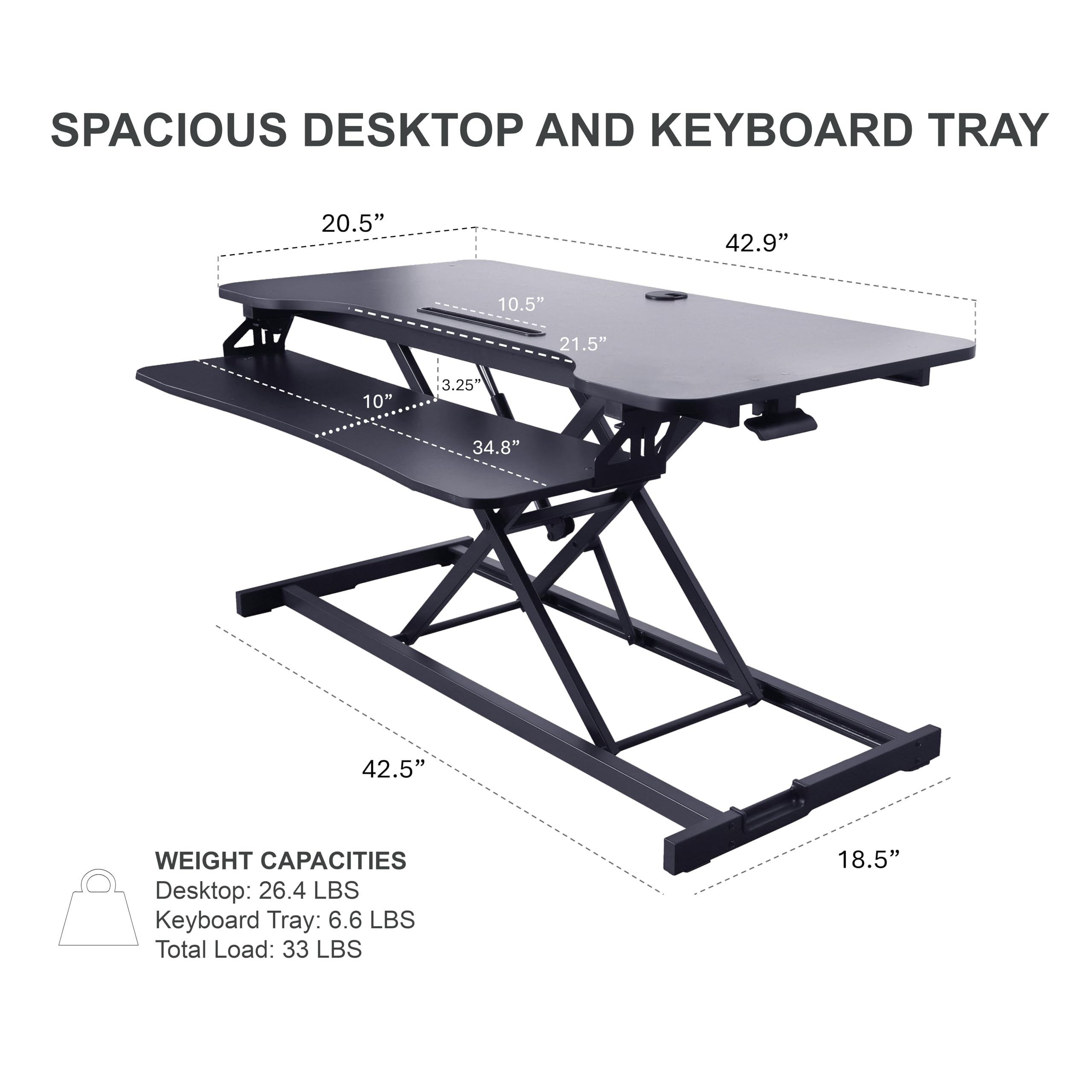 Rocelco 43&quot; Height Adjustable Standing Desk Converter - Tall Sit Stand Up Tabletop Riser with Tablet Slot - Home Office Computer Workstation - Deep Keyboard Tray for Laptop Mouse - Black (R VADRB-43)
