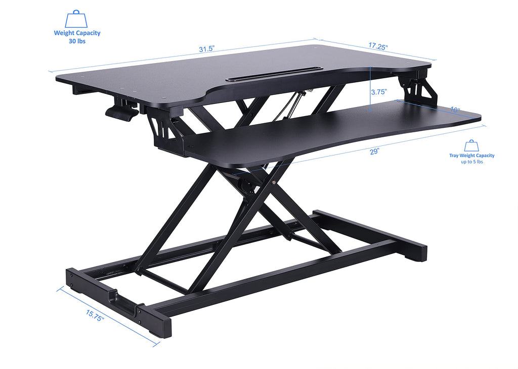 Rocelco Standing Desk Converter with Dual Monitor Mount - 31.5 Inch Sit Stand Up Tabletop Riser with Tablet Holder, Height Adjustable Workstation - Deep Keyboard Tray for Laptop - Black (R VADRB-DM2)