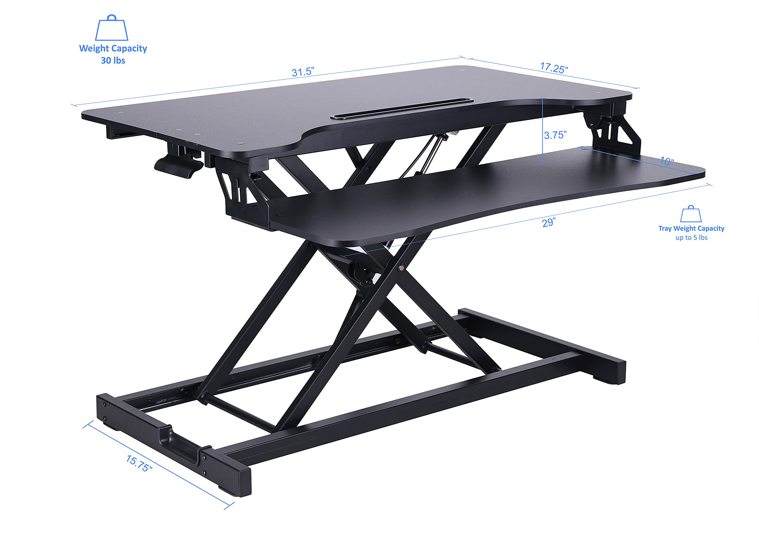 Rocelco Standing Desk Converter with Dual Monitor Mount - 31.5 Inch Sit Stand Up Tabletop Riser with Tablet Holder, Height Adjustable Workstation - Deep Keyboard Tray for Laptop - Black (R VADRB-DM2)