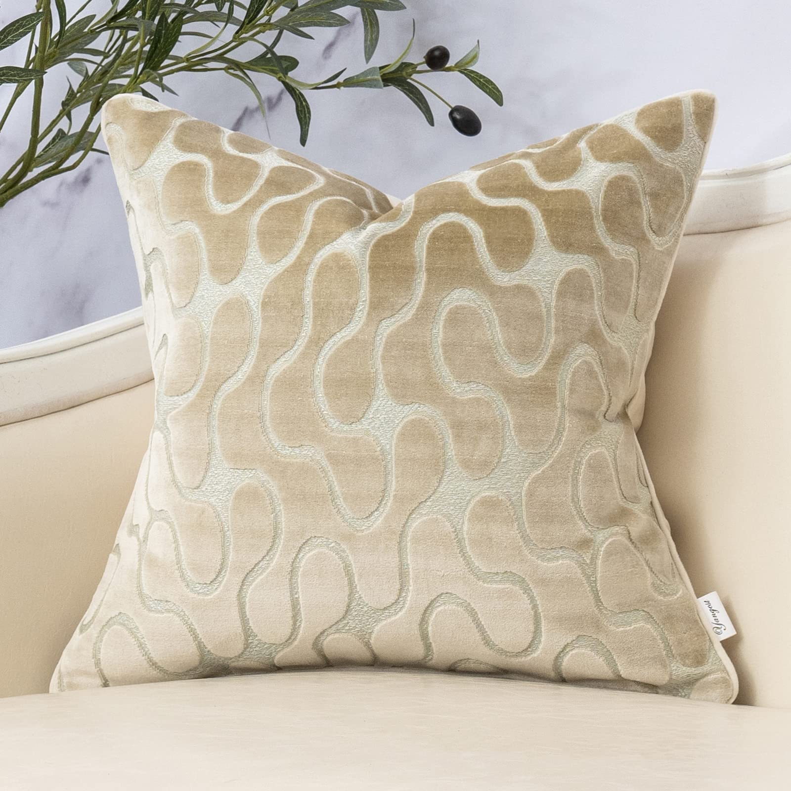 Yangest Beige Square Throw Pillow Cover Wavy Velvet Cushion Cover Modern Zippered Pillowcase For Sofa Couch Bedroom Living Room