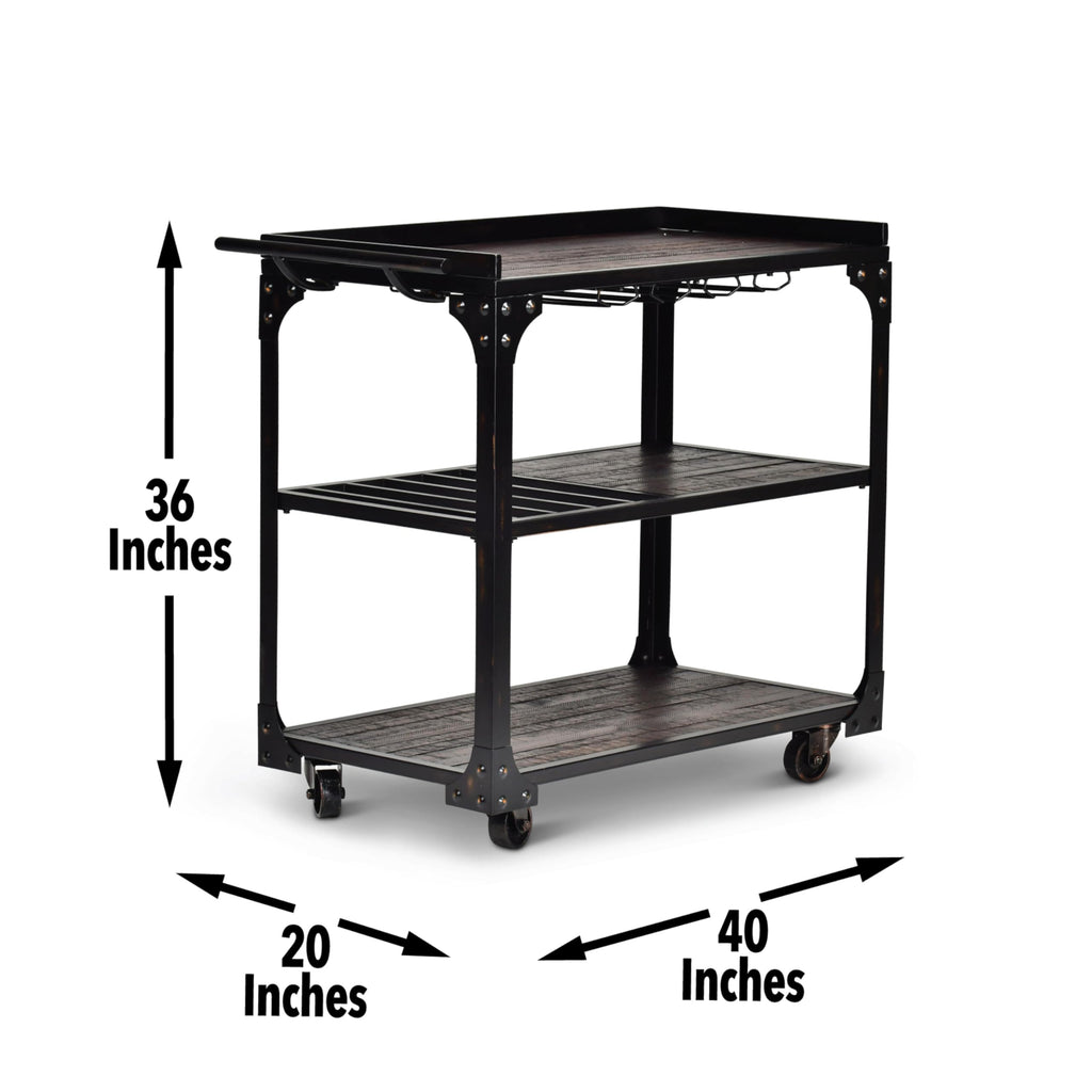 Steve Silver Furniture Sherlock Bar Cart Server, 3-Tier, Industrial Accent Design, Distressed Dark Charcoal Finish, Rustic Styling, Bottle Rack, for Kitchen, Dining Room, 20" D x 40" W x 36" H, Black