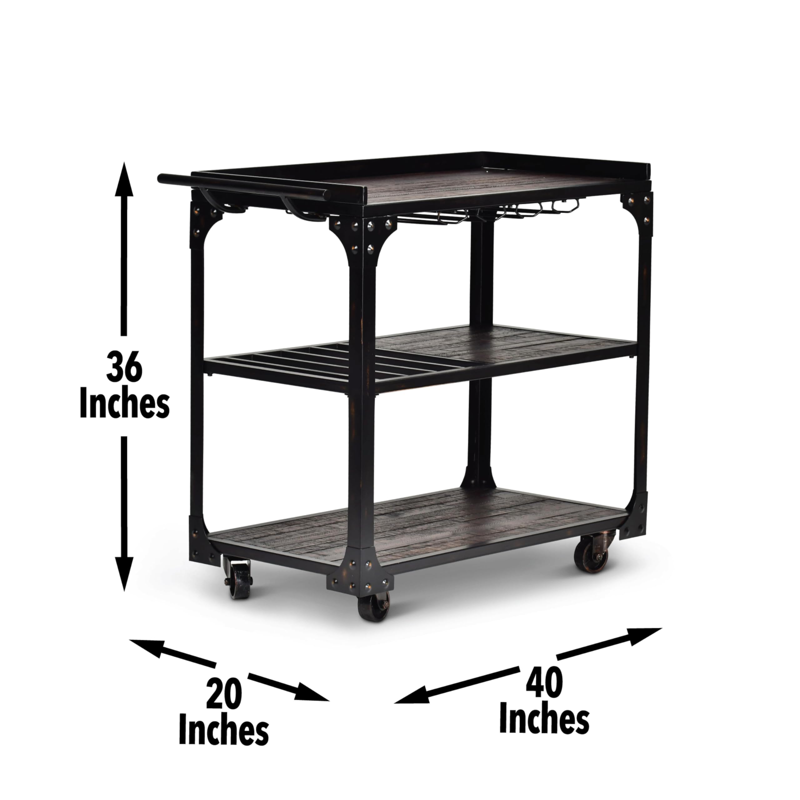 Steve Silver Furniture Sherlock Bar Cart Server, 3-Tier, Industrial Accent Design, Distressed Dark Charcoal Finish, Rustic Styling, Bottle Rack, for Kitchen, Dining Room, 20" D x 40" W x 36" H, Black