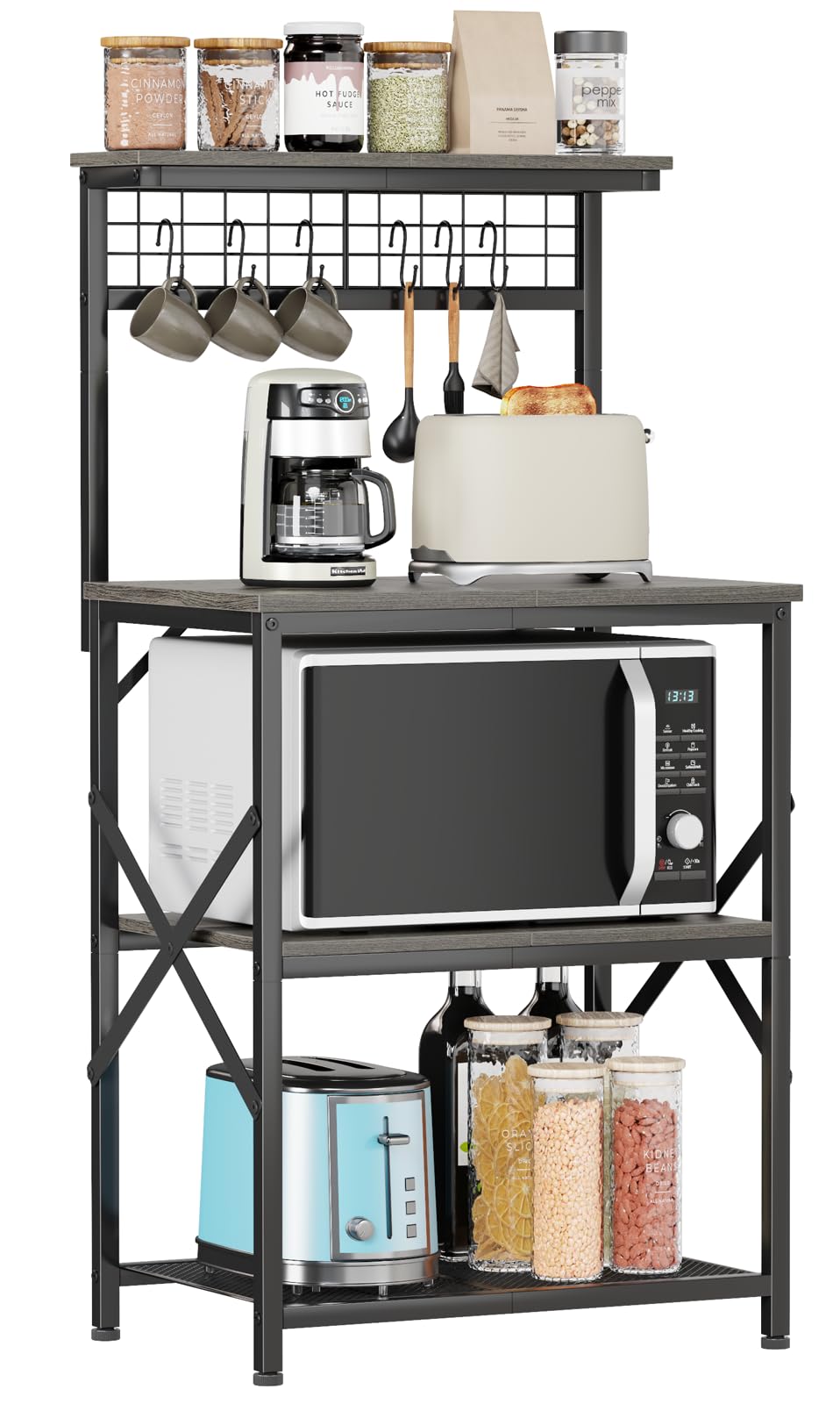 Furologee Kitchen Bakers Rack, Microwave Stand With Storage 4 Tiers, Coffee Bar Station With 6 S Hooks And Pegboard, Kitchen She